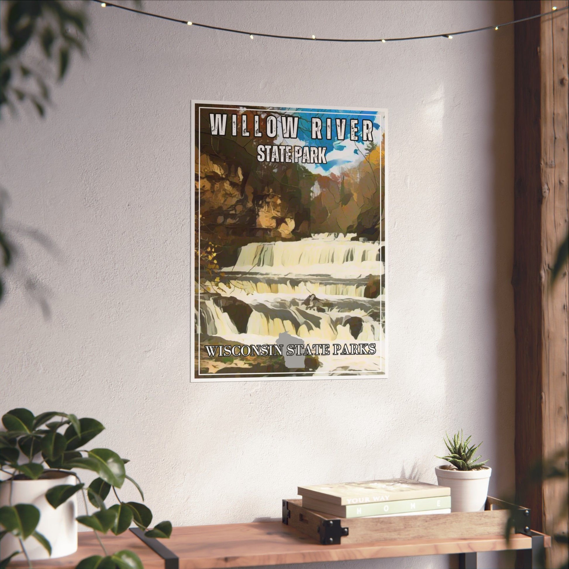 CCC inspired design of the roaring Willow River Falls at Willow River State Park.