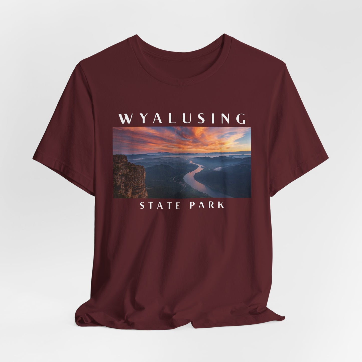 Maroon t-shirt with Wyalusing State Park graphic on a white background