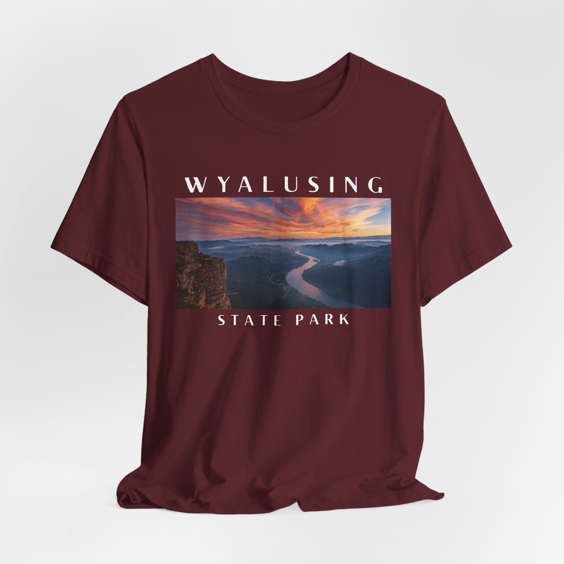 Maroon t-shirt with Wyalusing State Park graphic on a white background