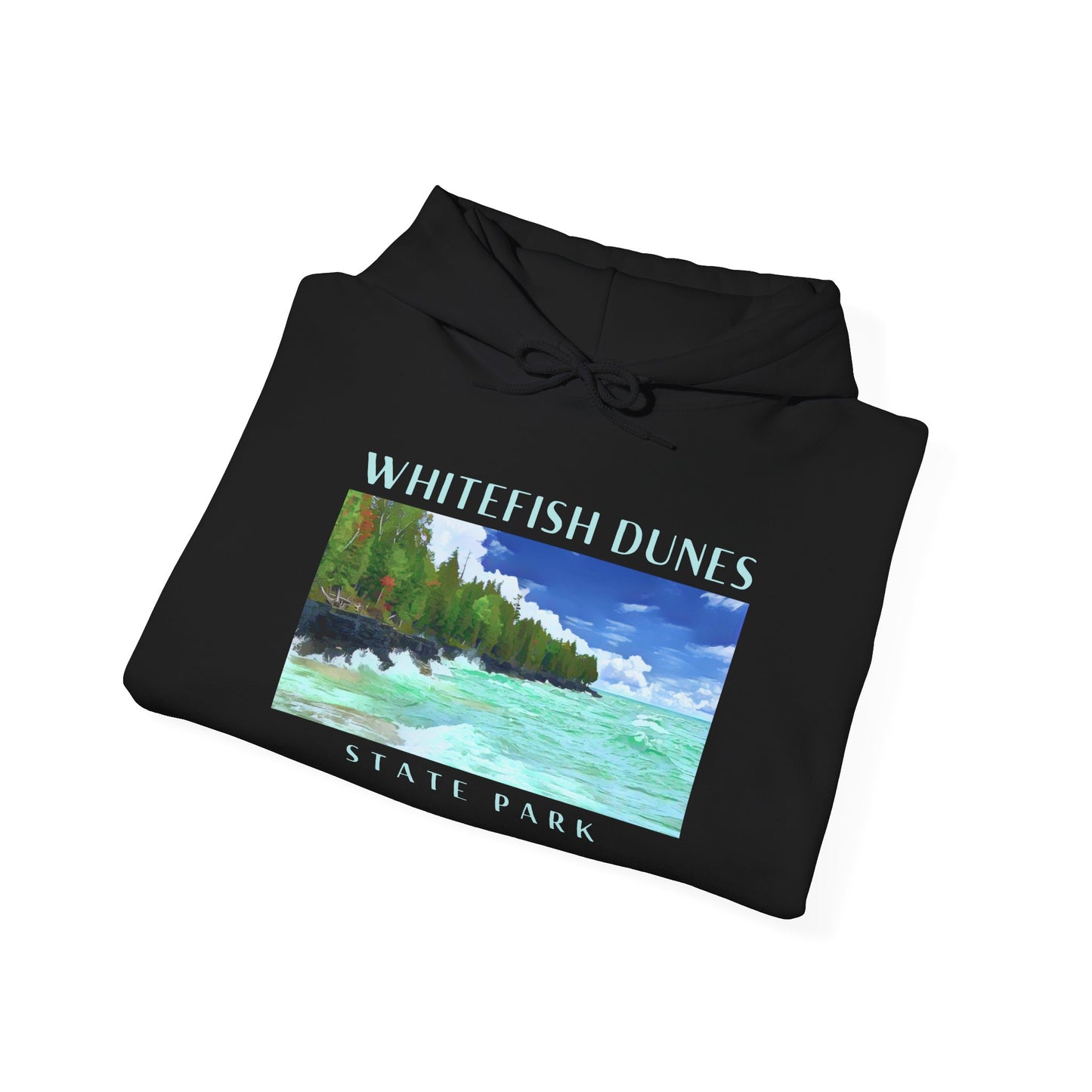 Black hoodie with a graphic of Whitefish Dunes State Park on a white background