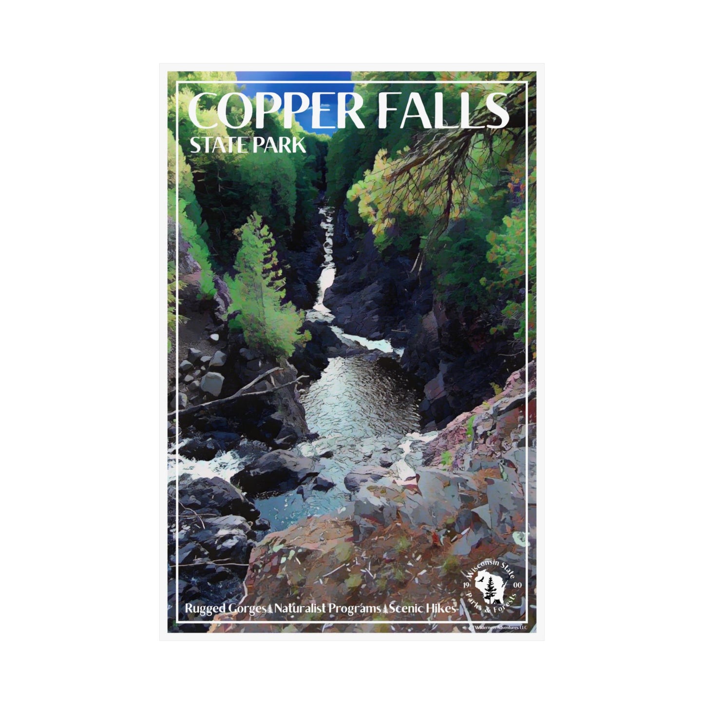 12x18” poster with artwork of the gorge below Copper and Brownstone Falls at Copper Falls State Park.