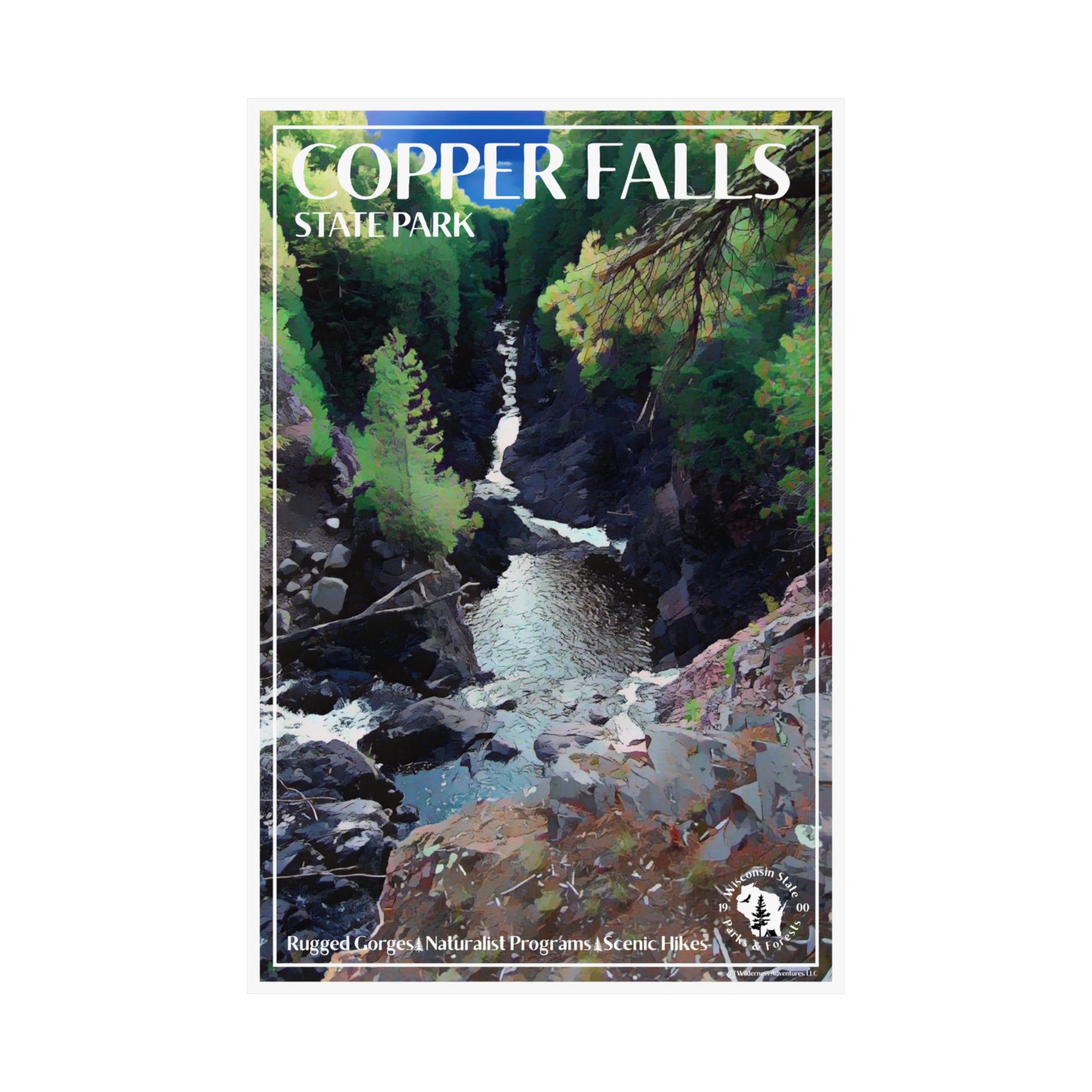 12x18” poster with artwork of the gorge below Copper and Brownstone Falls at Copper Falls State Park.