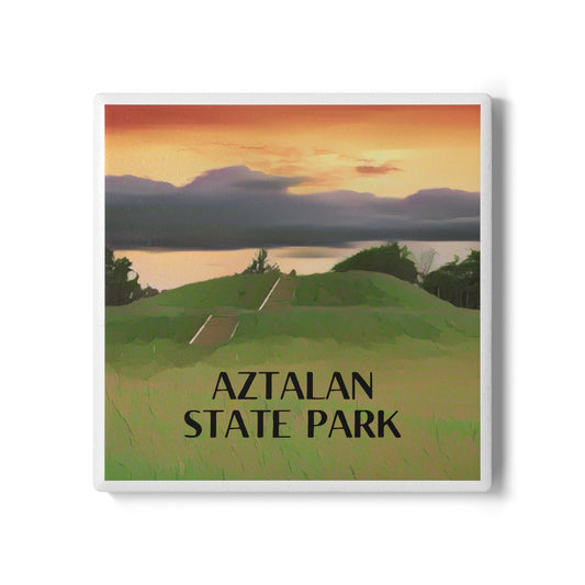 Coaster depicting a pyramid shaped mound and the text “Aztalan State Park.” 