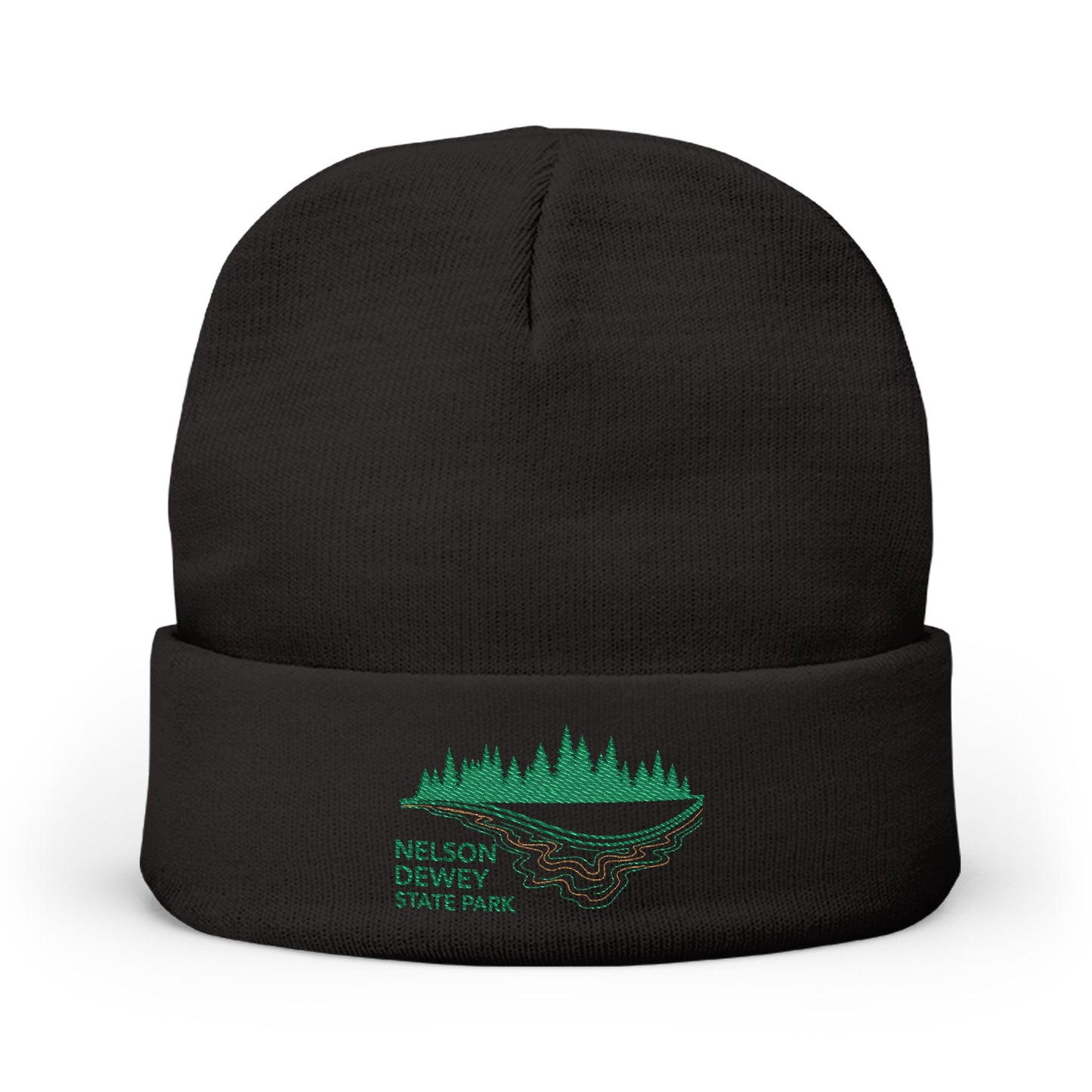 Black beanie with green embroidered Nelson Dewey State Park design on a white background