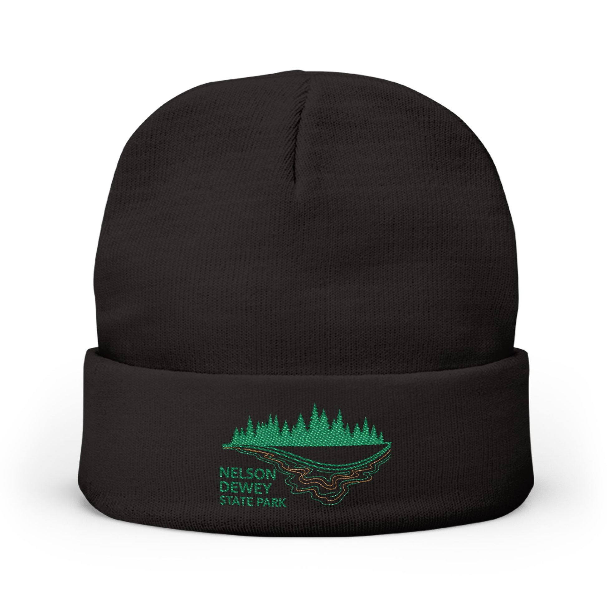 Black beanie with green embroidered Nelson Dewey State Park design on a white background