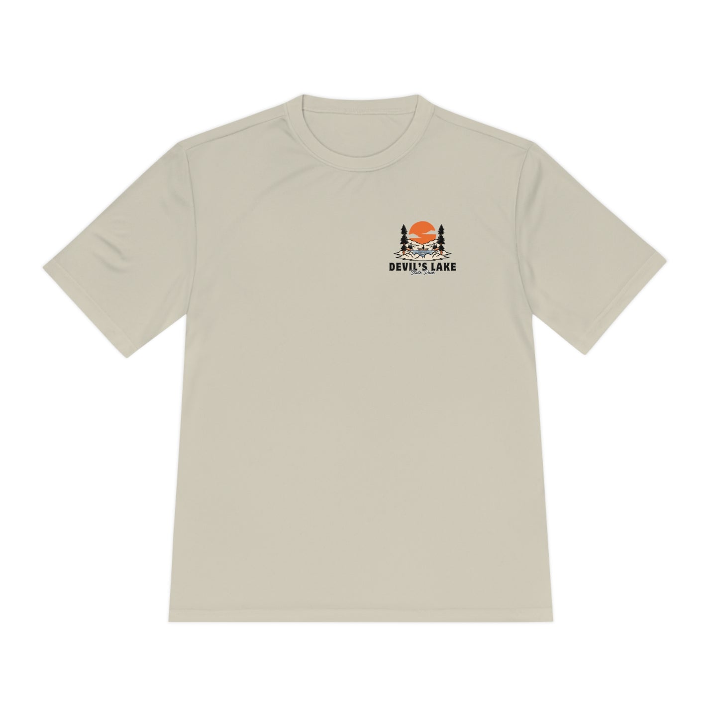 Tan Devil’s Lake Unisex Moisture Wicking Tee Front