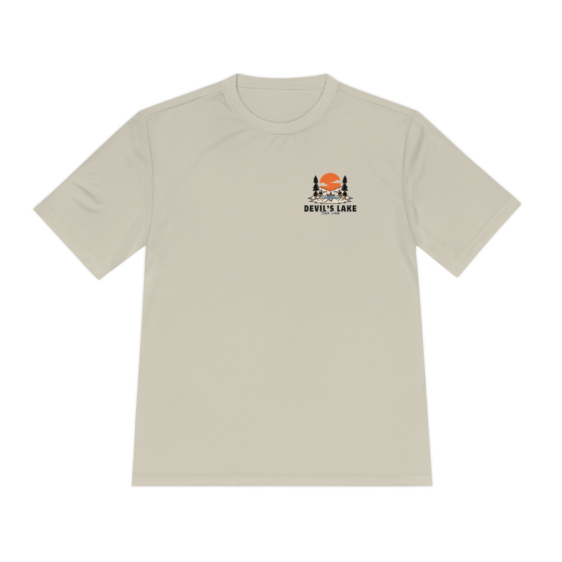 Tan Devil’s Lake Unisex Moisture Wicking Tee Front