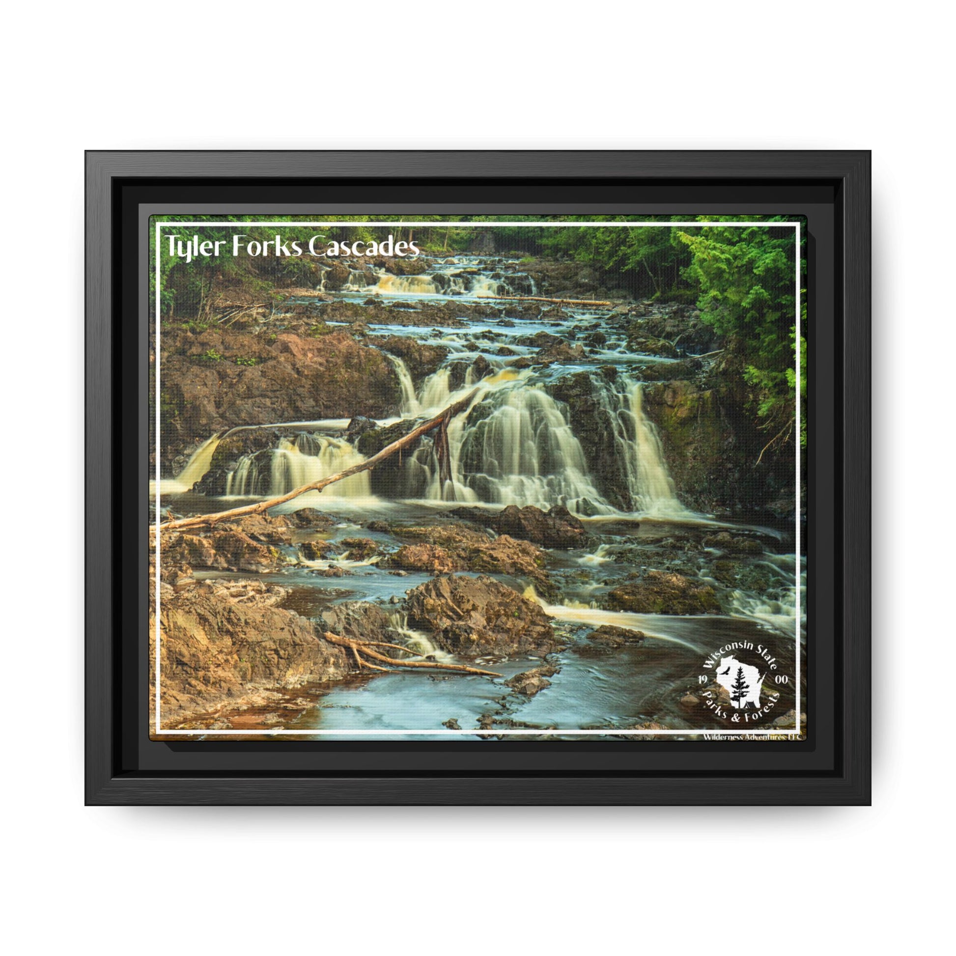Framed canvas wall art of Tyler Forks Cascades in a black dimensional frame.