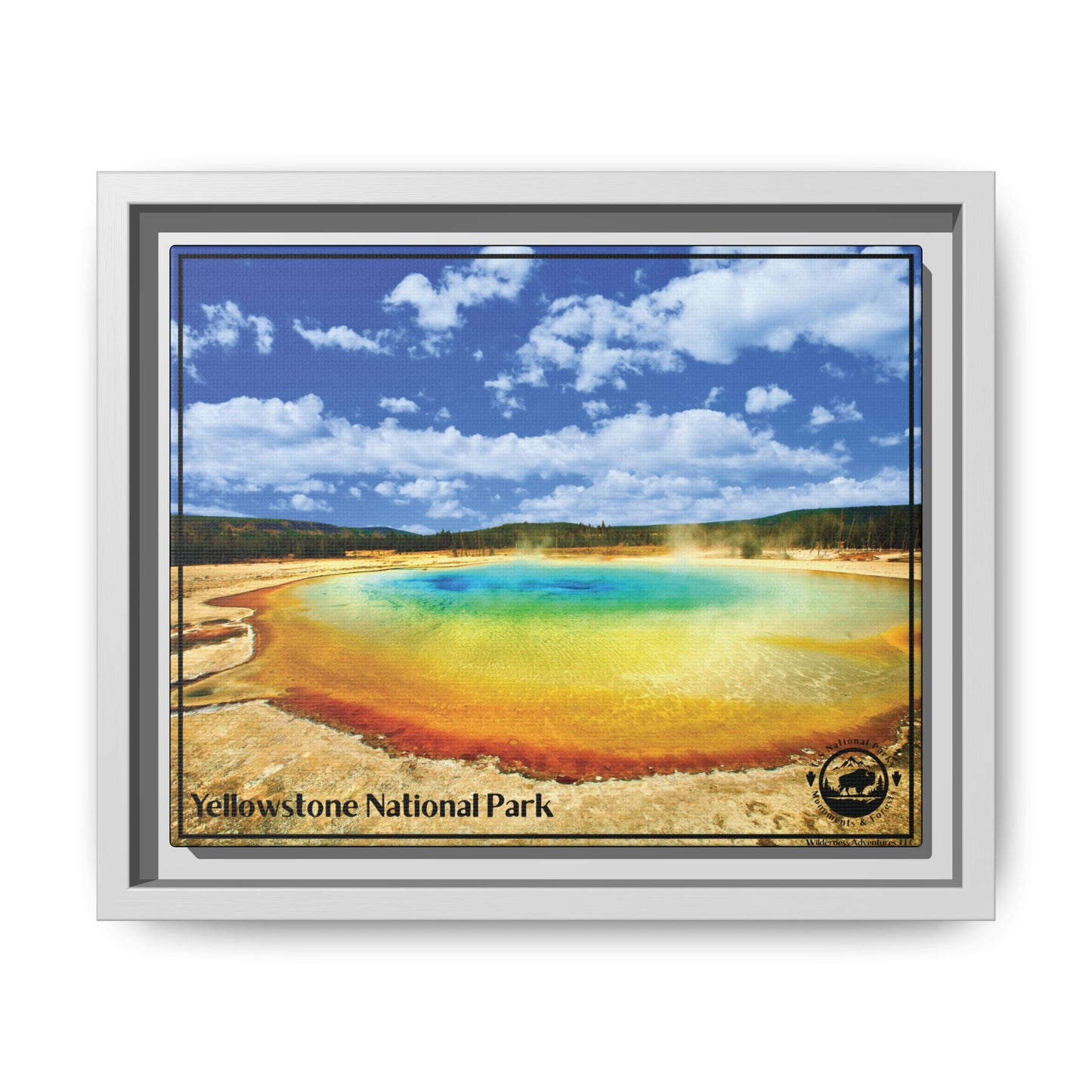 Framed print of Yellowstone National Park with a geothermal pool and blue sky.
