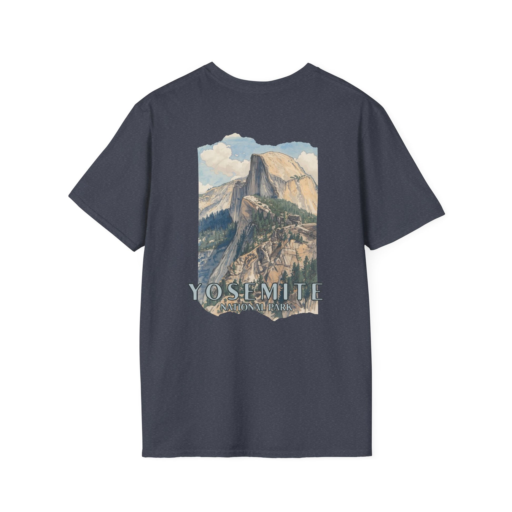 Gray t-shirt with Yosemite National Park graphic on a white background