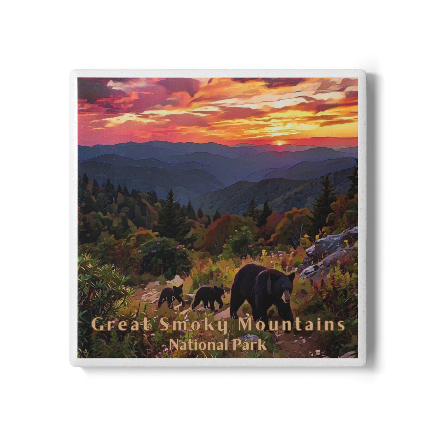 Ceramic coaster with bears in a forest with a sunset over mountains, labeled 'Great Smoky Mountains National Park'.