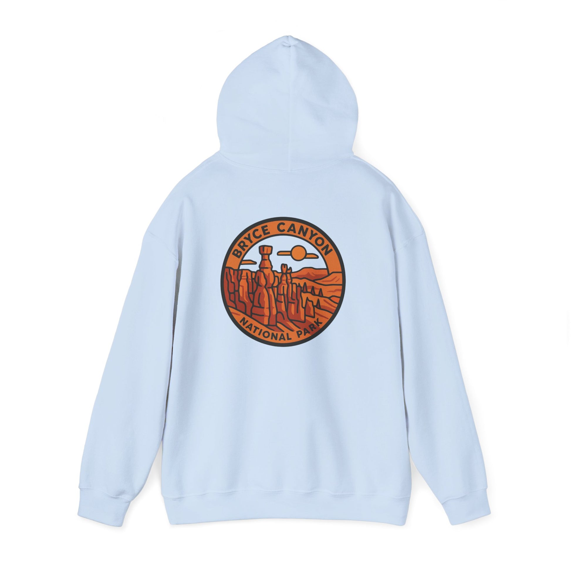 Light blue hoodie with a Bryce Canyon National Park logo on the back against a white background