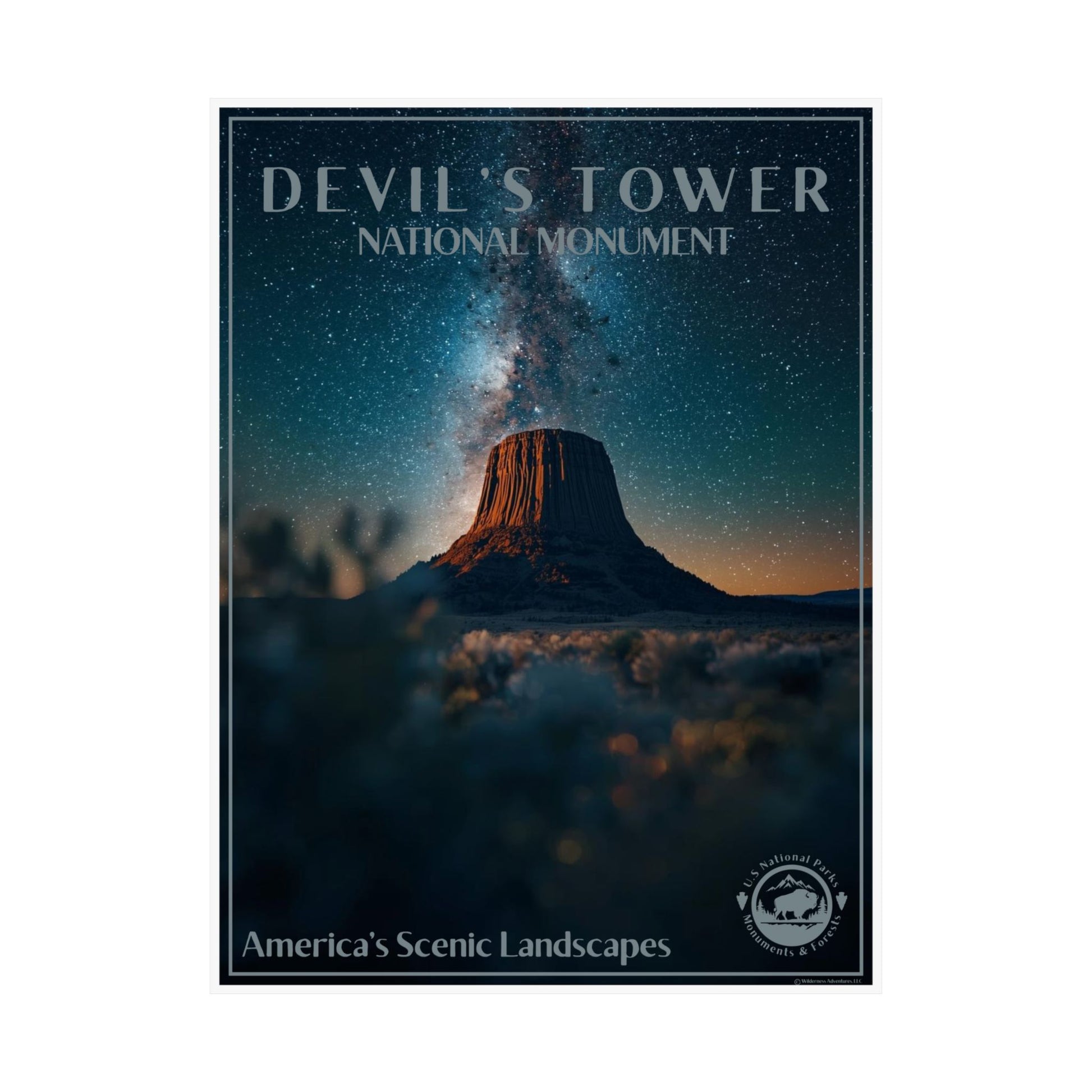 Devil's Tower Night Sky Poster featuring a vibrant night sky shot of the Milky Way galaxy over Devil’s tower.
