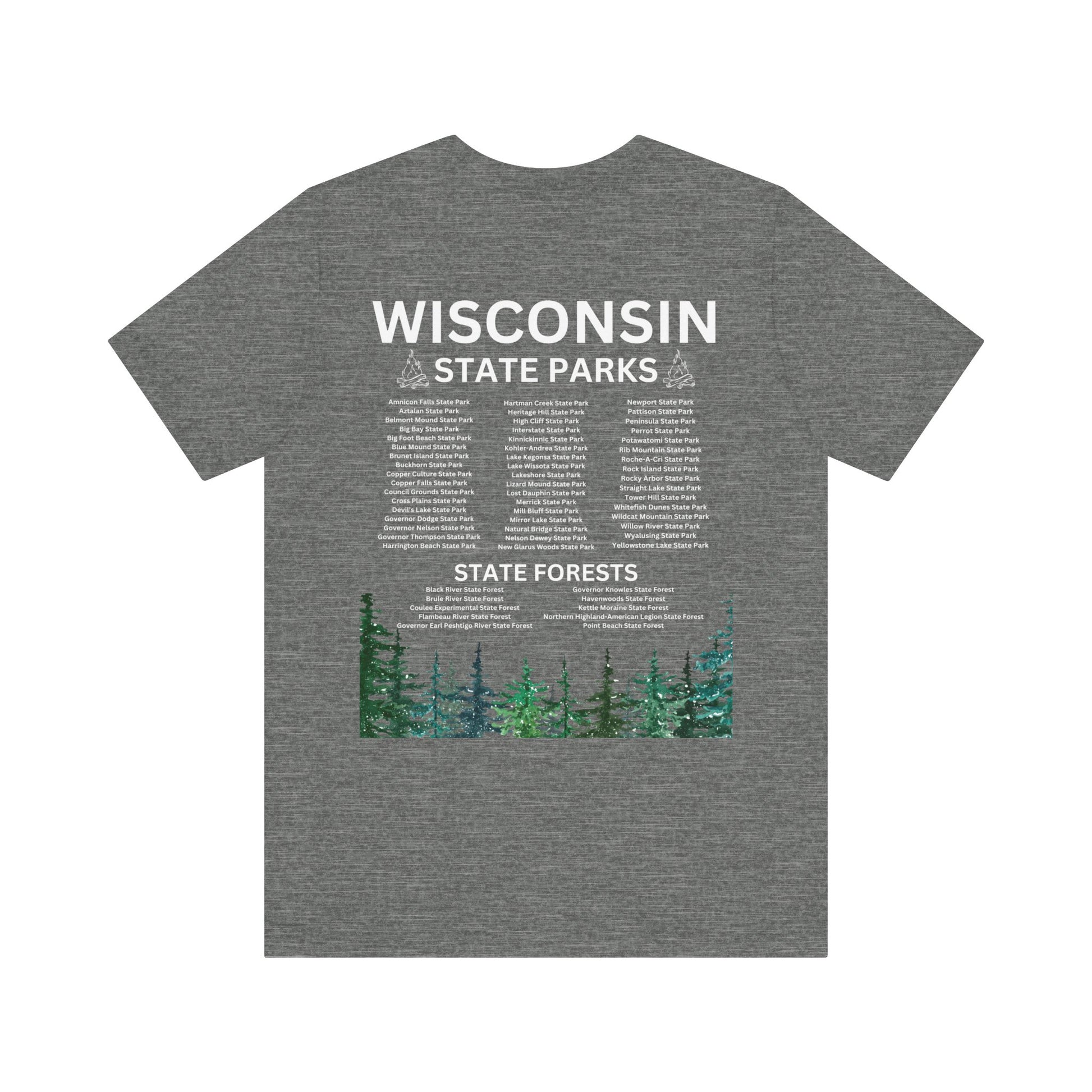 Heather shirt with listing of state parks. 