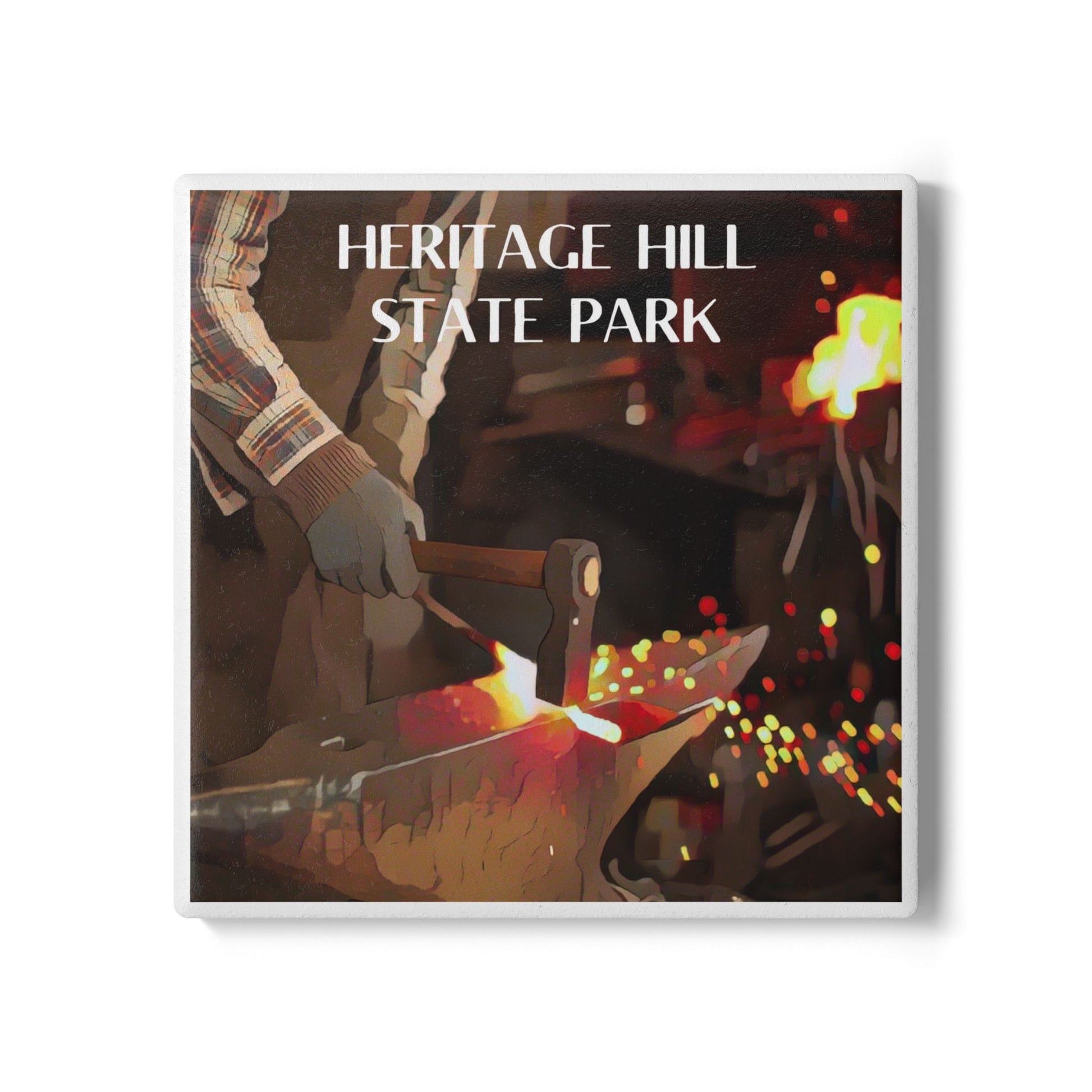 Ceramic Coaster featuring a blacksmith forging steel and the text: Heritage Hill State Park. 