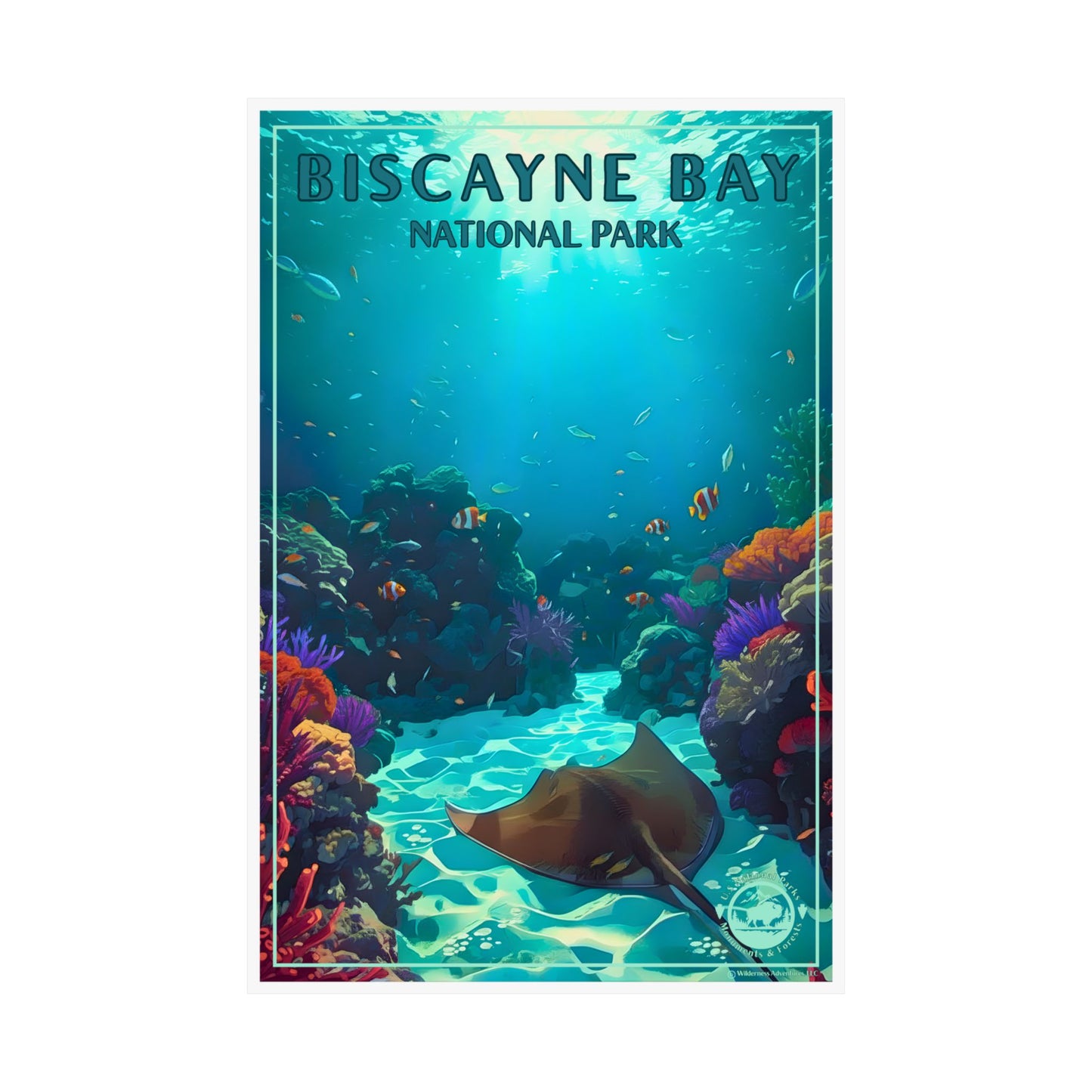 12x18” Poster of Biscayne Bay National Park with an underwater scene featuring a ray and colorful corals.