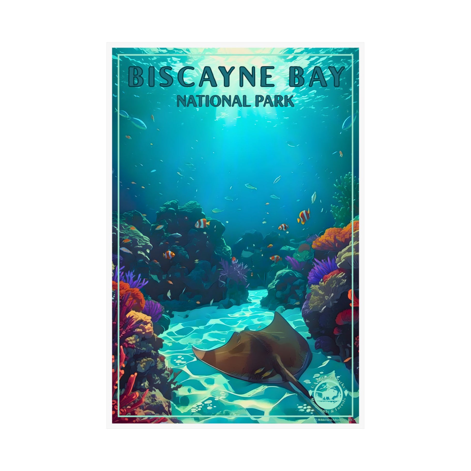 12x18” Poster of Biscayne Bay National Park with an underwater scene featuring a ray and colorful corals.