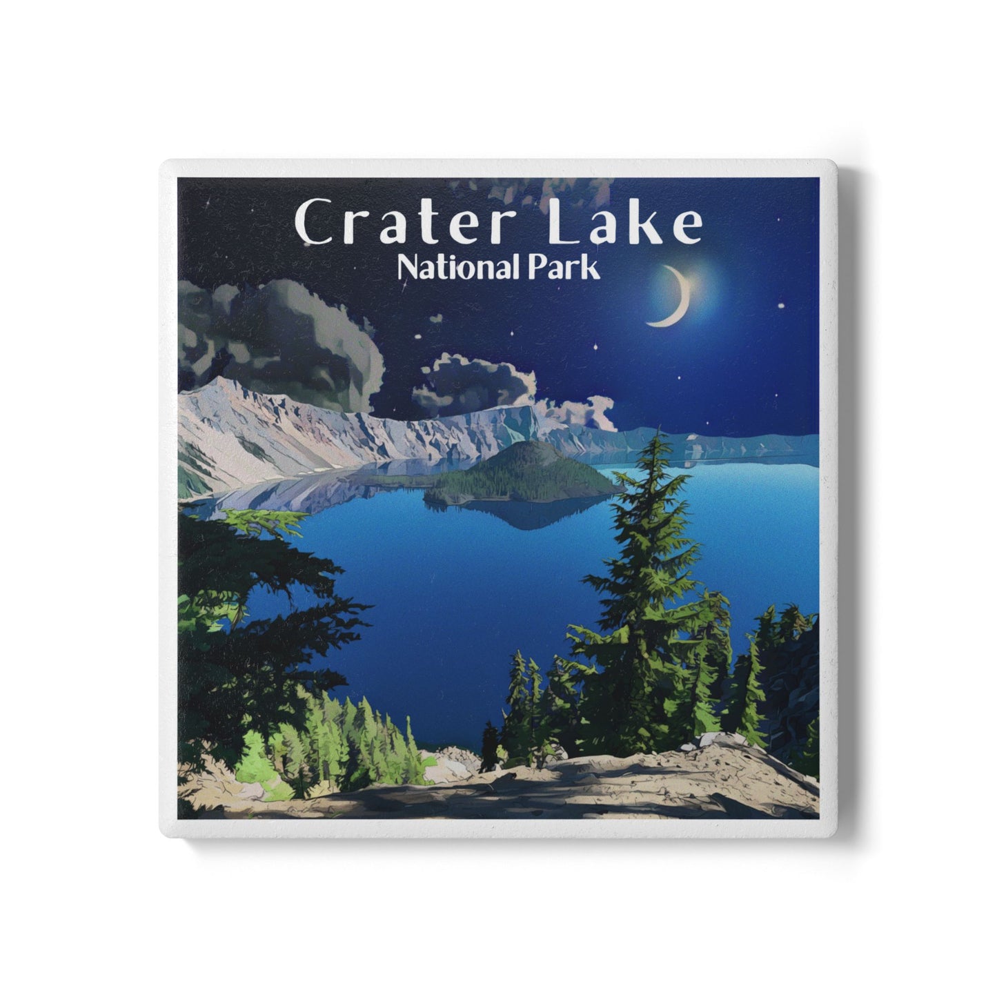 Ceramic coaster design featuring of the midnight sky over crater Lake and the text crater Lake national park.