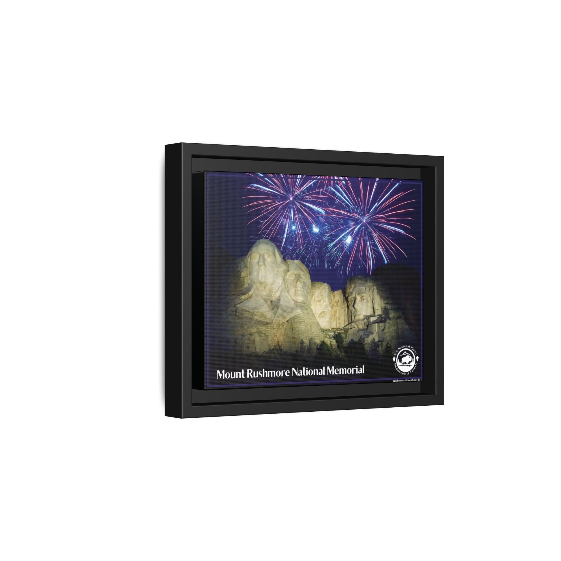 Side profile of Black Framed canvas print featuring Mount Rushmore at night with a patriotic fireworks display in the background.