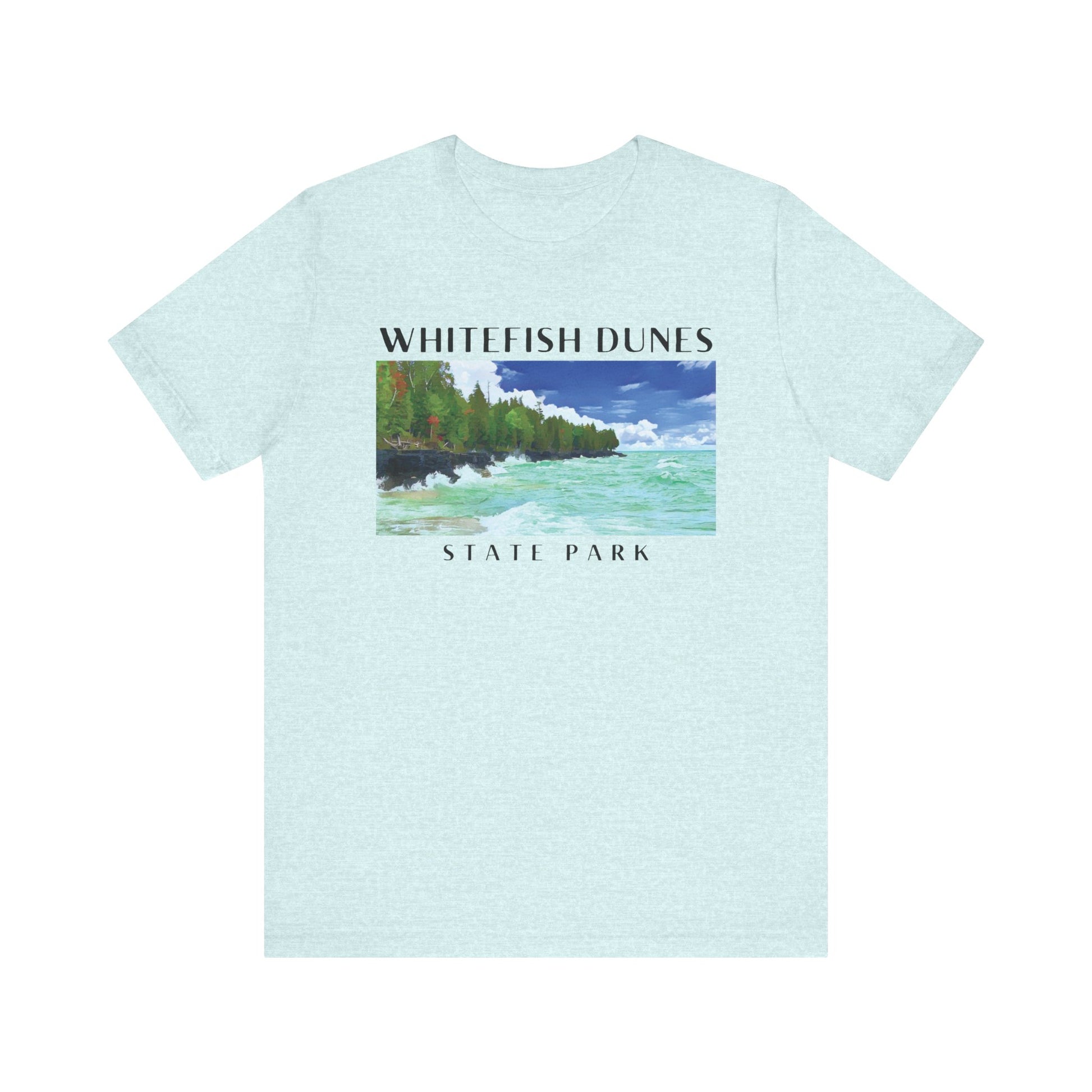 Heather prisms ice blue t-shirt with a scenic print of Whitefish Dunes State Park on a white background