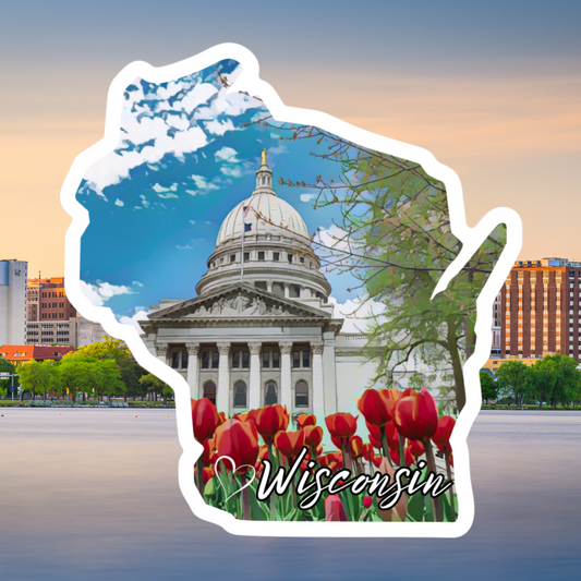 Wisconsin shaped sticker featuring the state capitol and tulips.  Photo background: view of Madison from the lake.