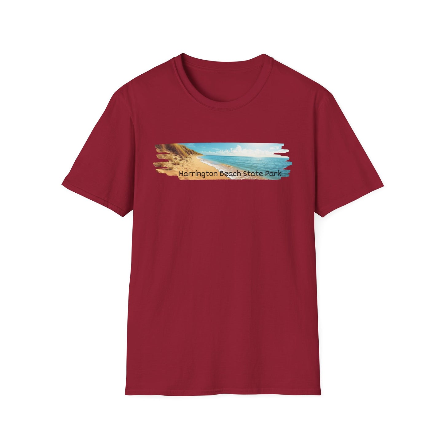 Cardinal Red t-shirt with a beach graphic and 'Harrington Beach State Park' text on a white background