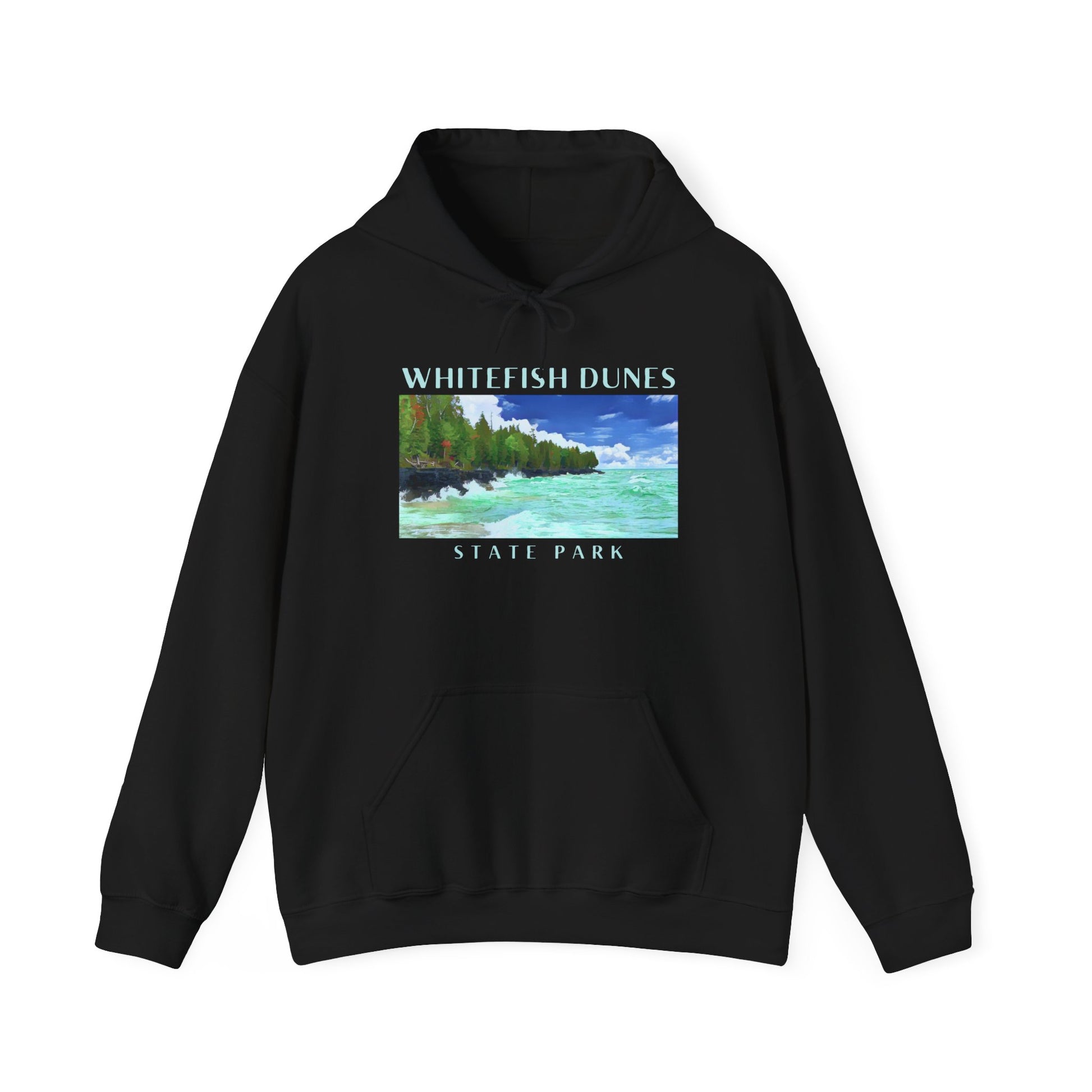 Black hoodie with Whitefish Dunes State Park graphic on a white background