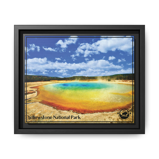 Framed print of Yellowstone National Park with a colorful hot spring and blue sky.