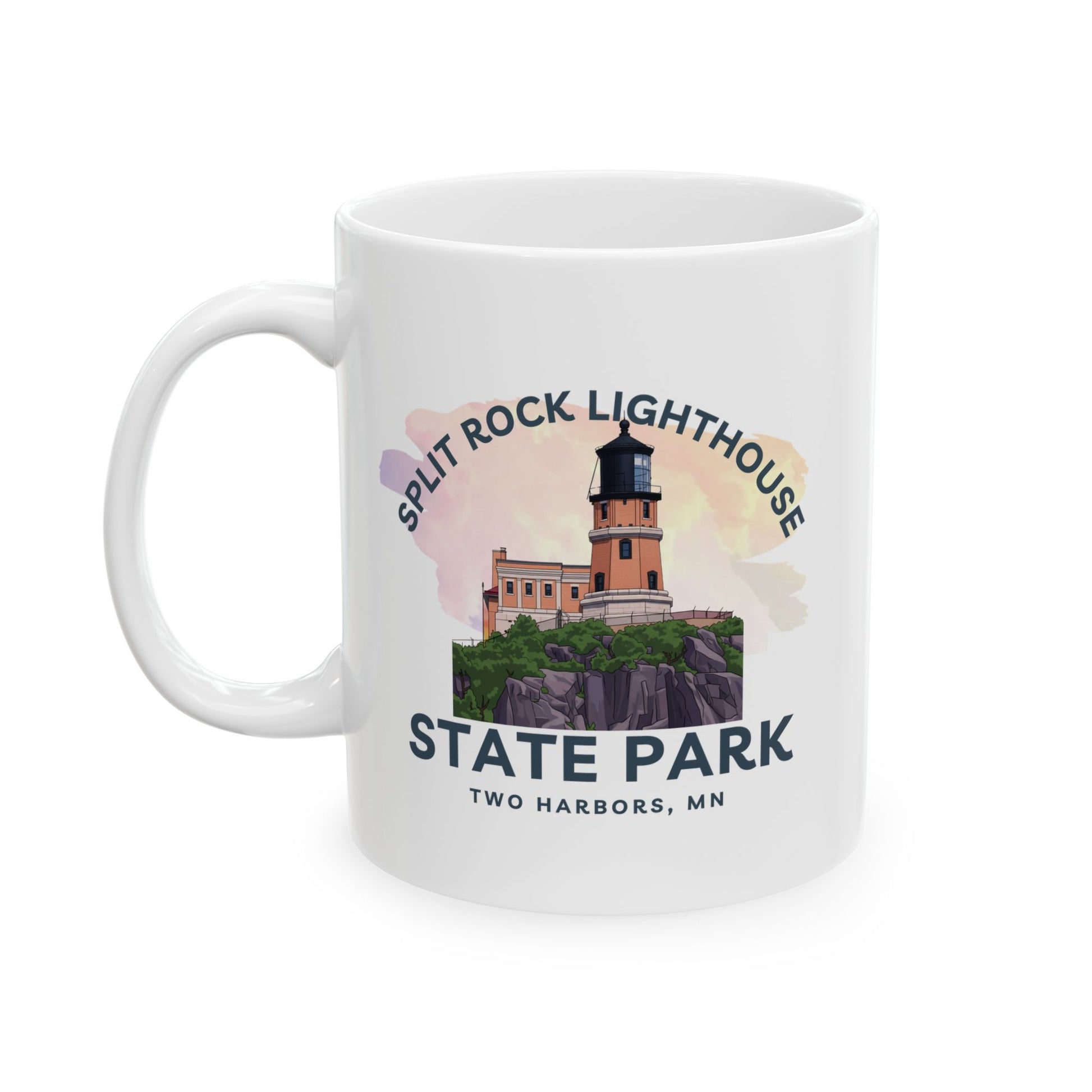 White mug with Split Rock Lighthouse State Park design on a white background