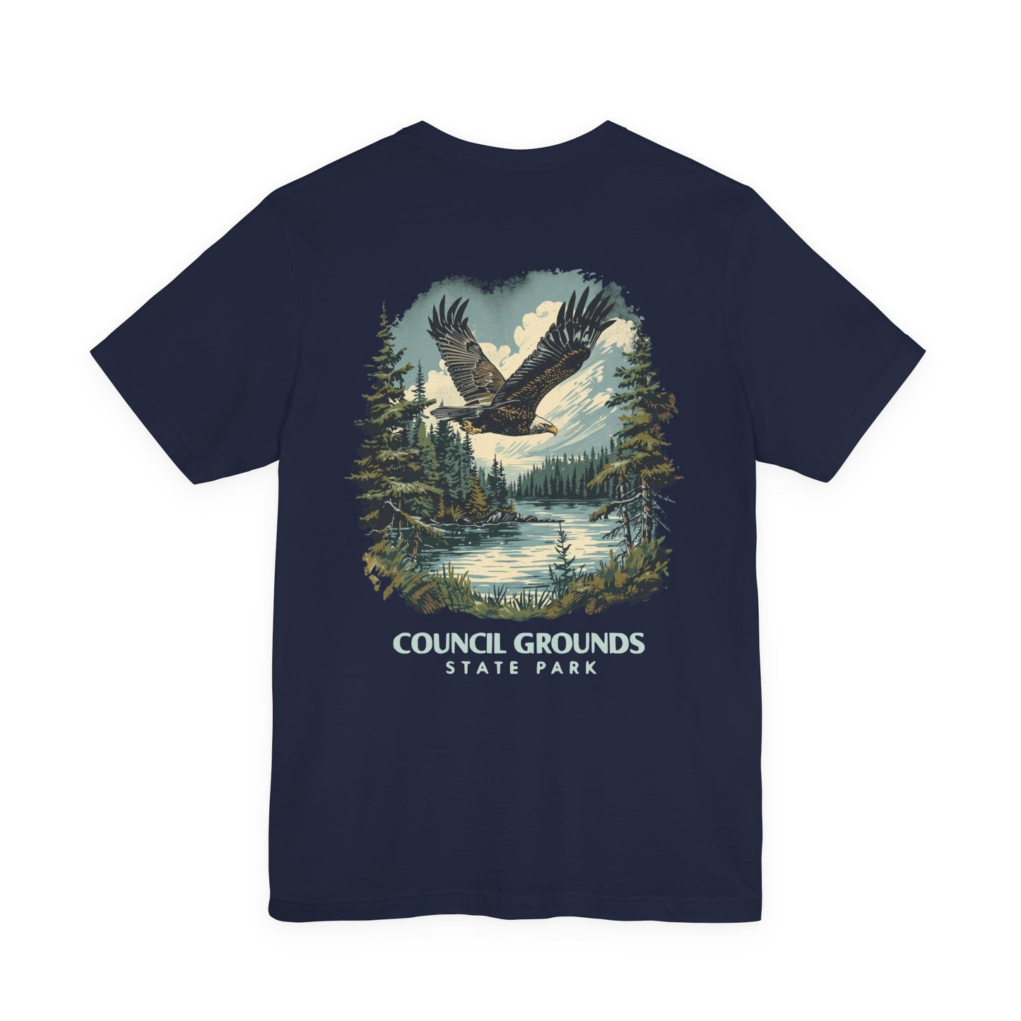 Navy blue t-shirt with an eagle and forest graphic and 'Council Grounds State Park' text on a white background