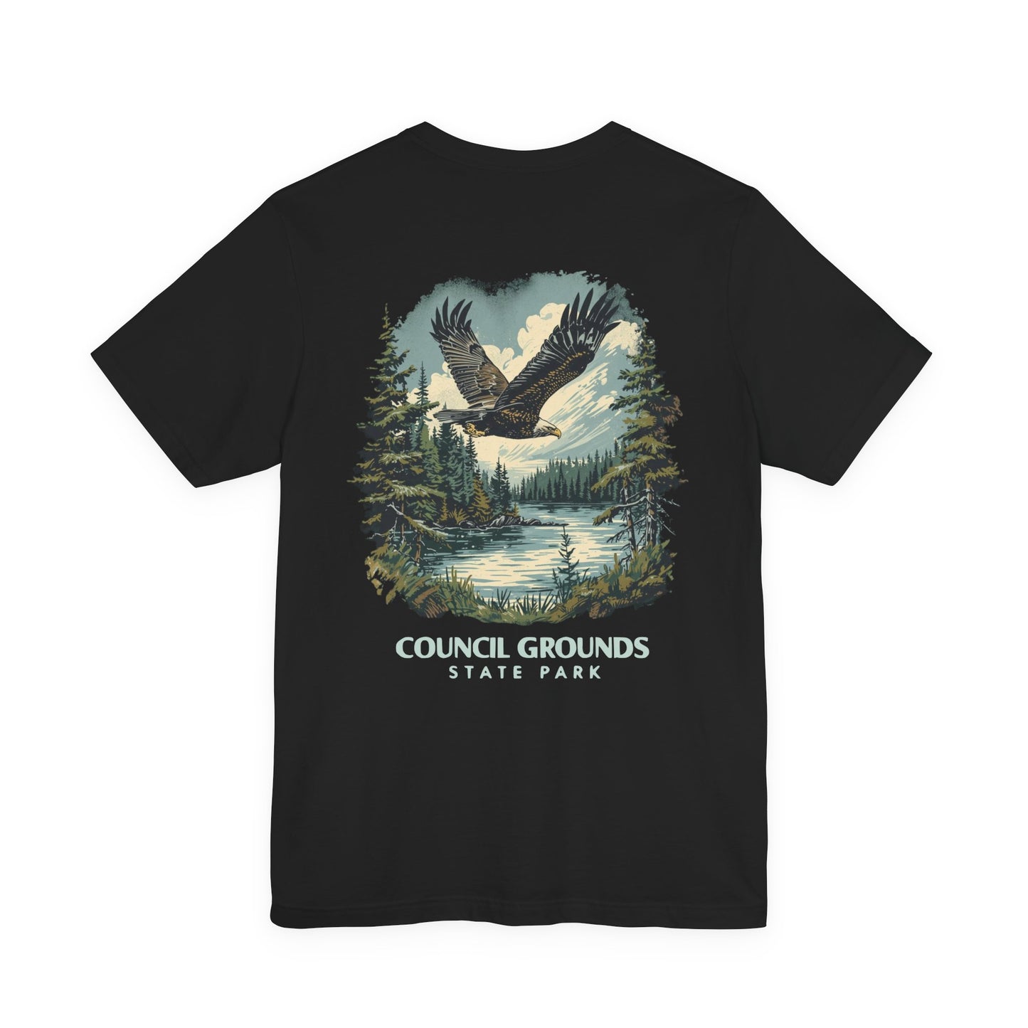 Black t-shirt with an eagle and forest design on the back, labeled 'Council Grounds State Park'.