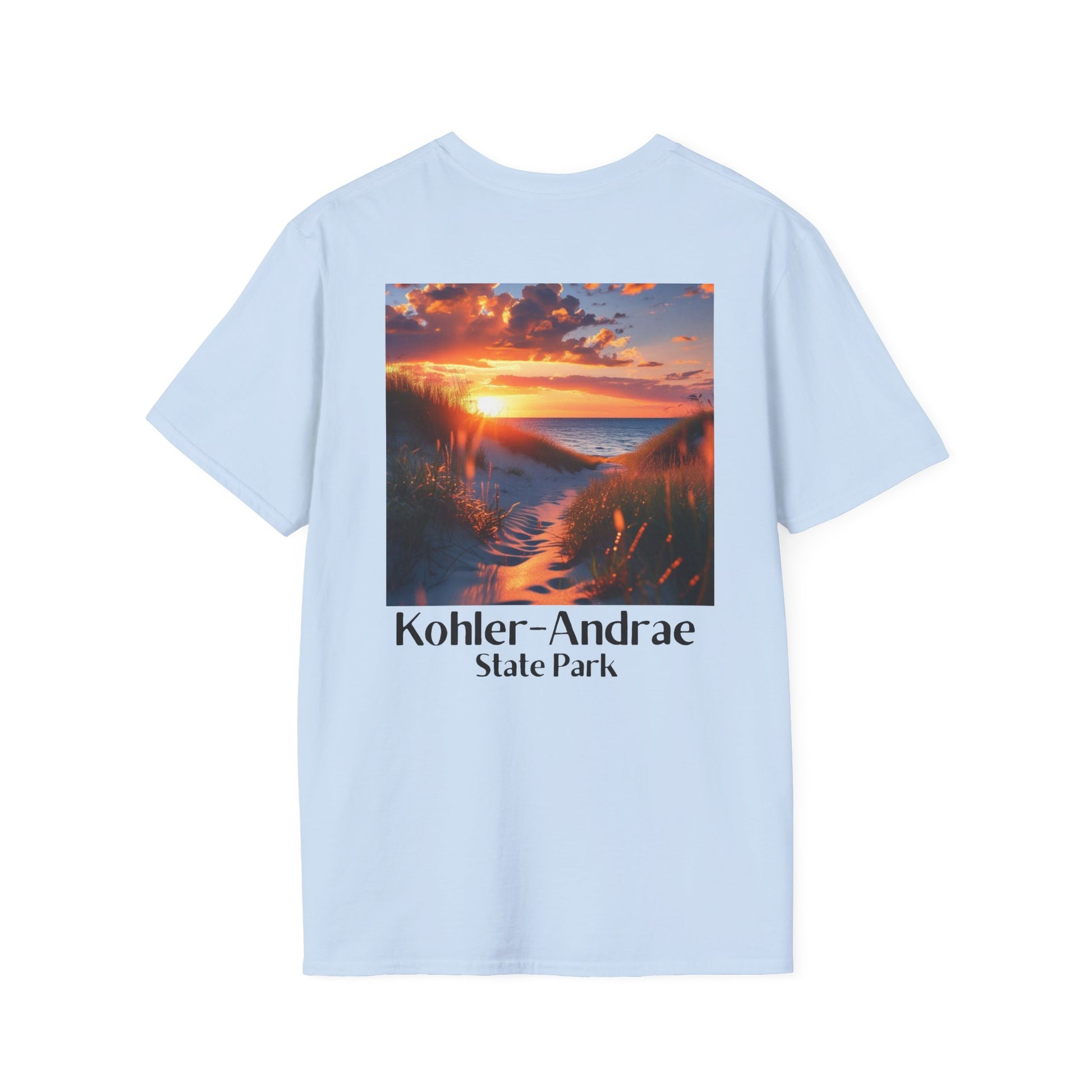 Light Blue T-shirt featuring a back design of looking through the sand dunes at a colorful sunrise over Lake Michigan and the text: Kohler-Andrae State Park.