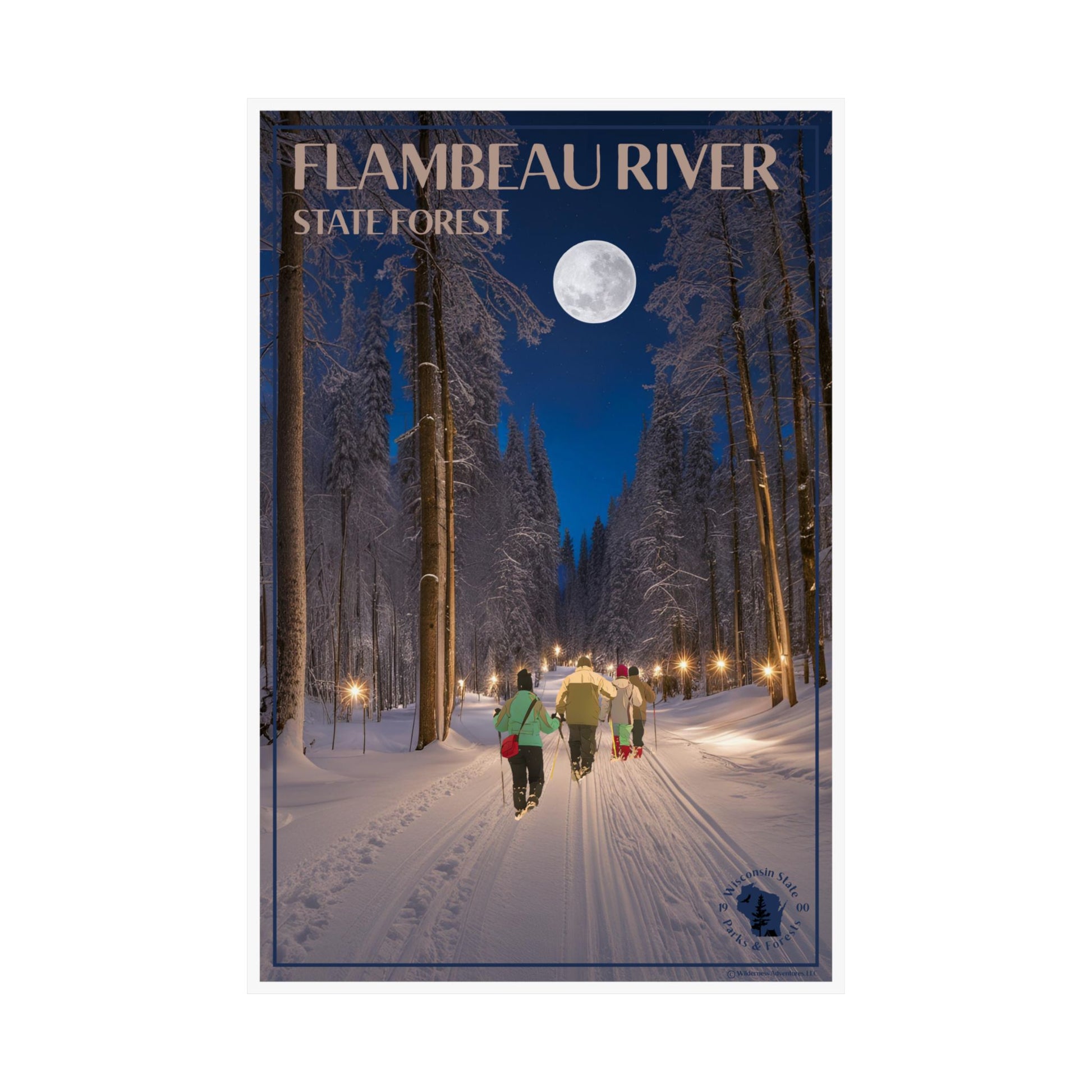 Winter scene in Flambeau River State Forest with people walking on a snow-covered path under a full moon.