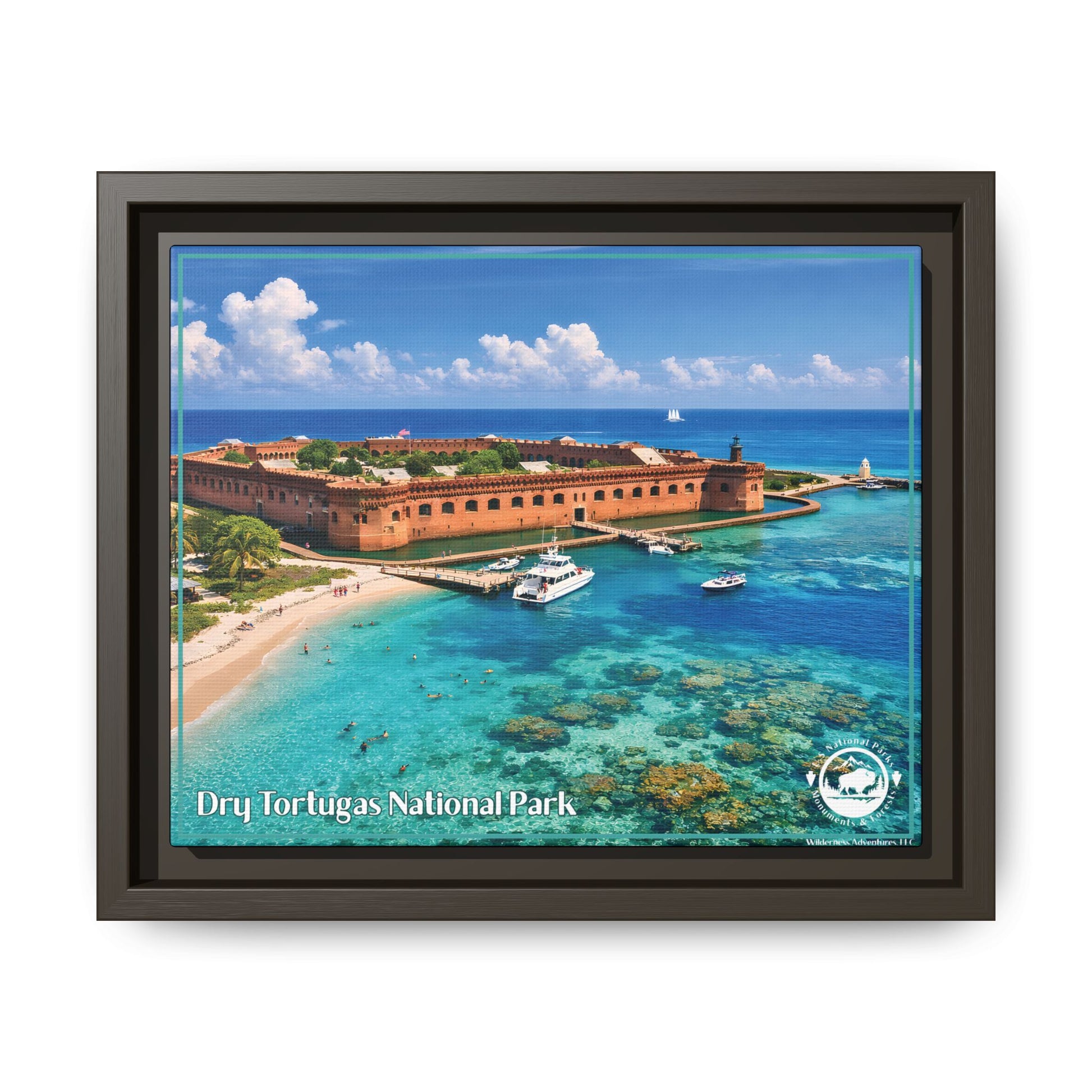Espresso Framed print of Dry Tortugas National Park with a fort, boats, and clear blue water.