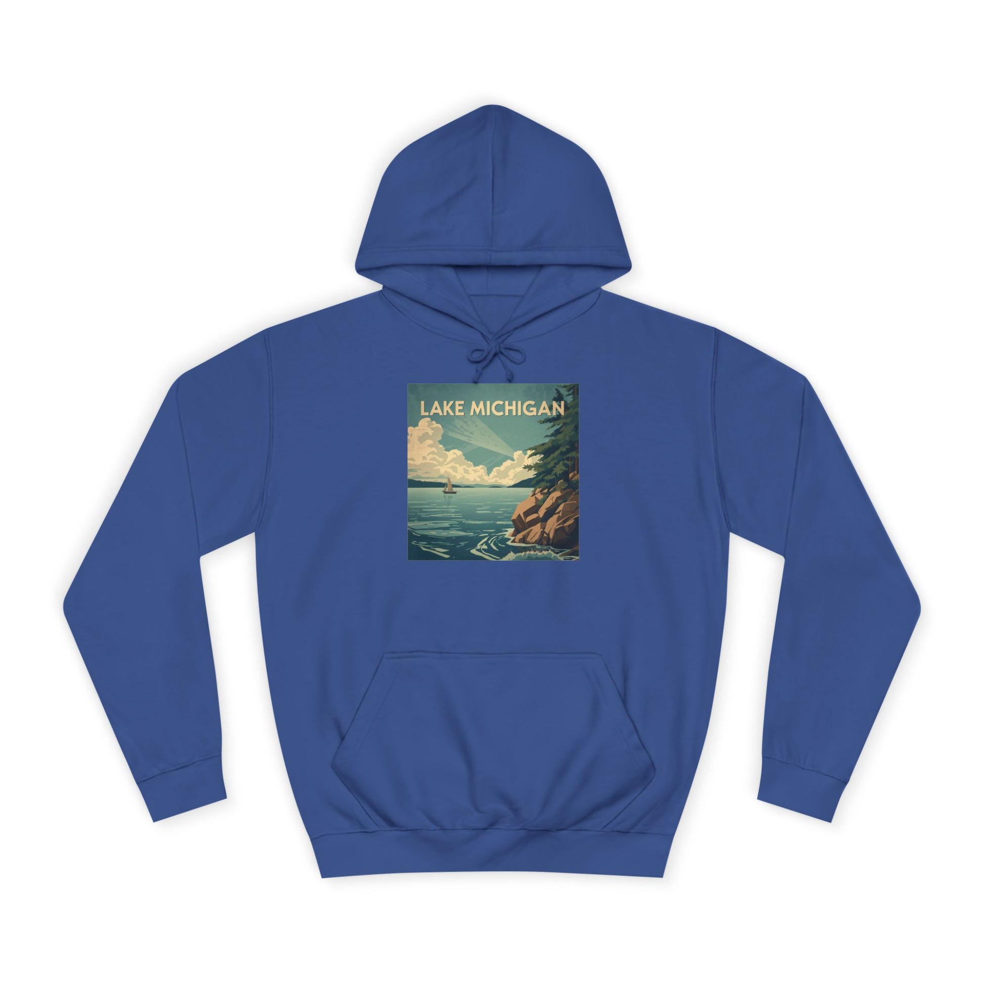 Royal Blue hoodie with Lake Michigan graphic on a white background