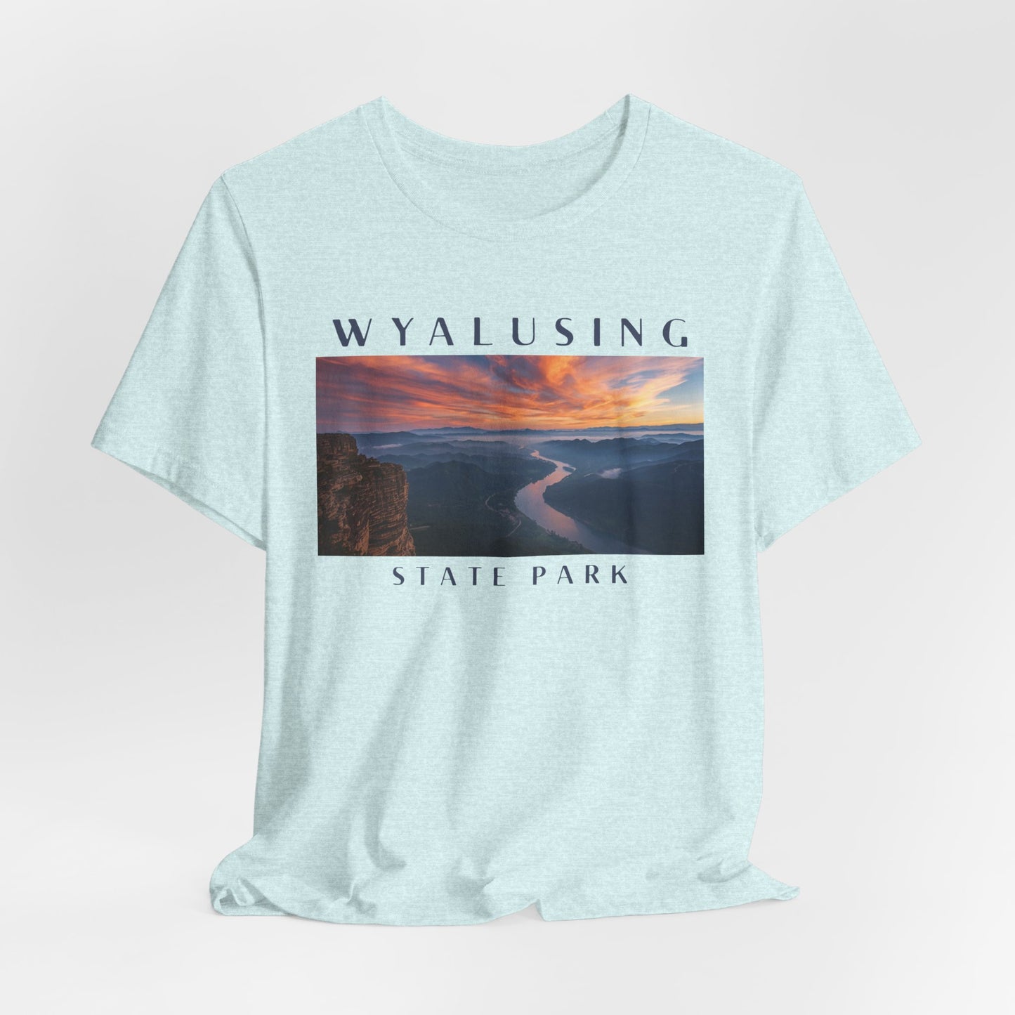 Heather Prism Ice blue t-shirt with Wyalusing State Park graphic on a light gray background