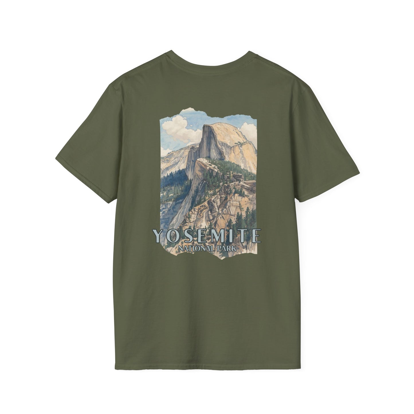 Green t-shirt with Yosemite National Park graphic on a white background