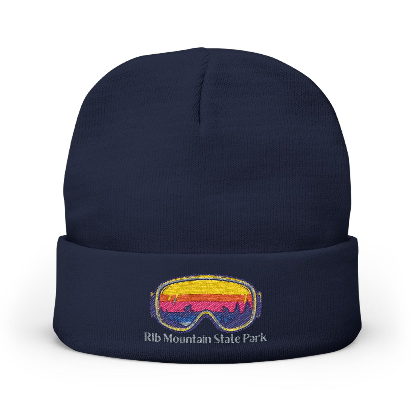 Dark Navy beanie with colorful goggles design and 'Rib Mountain State Park' text on a white background