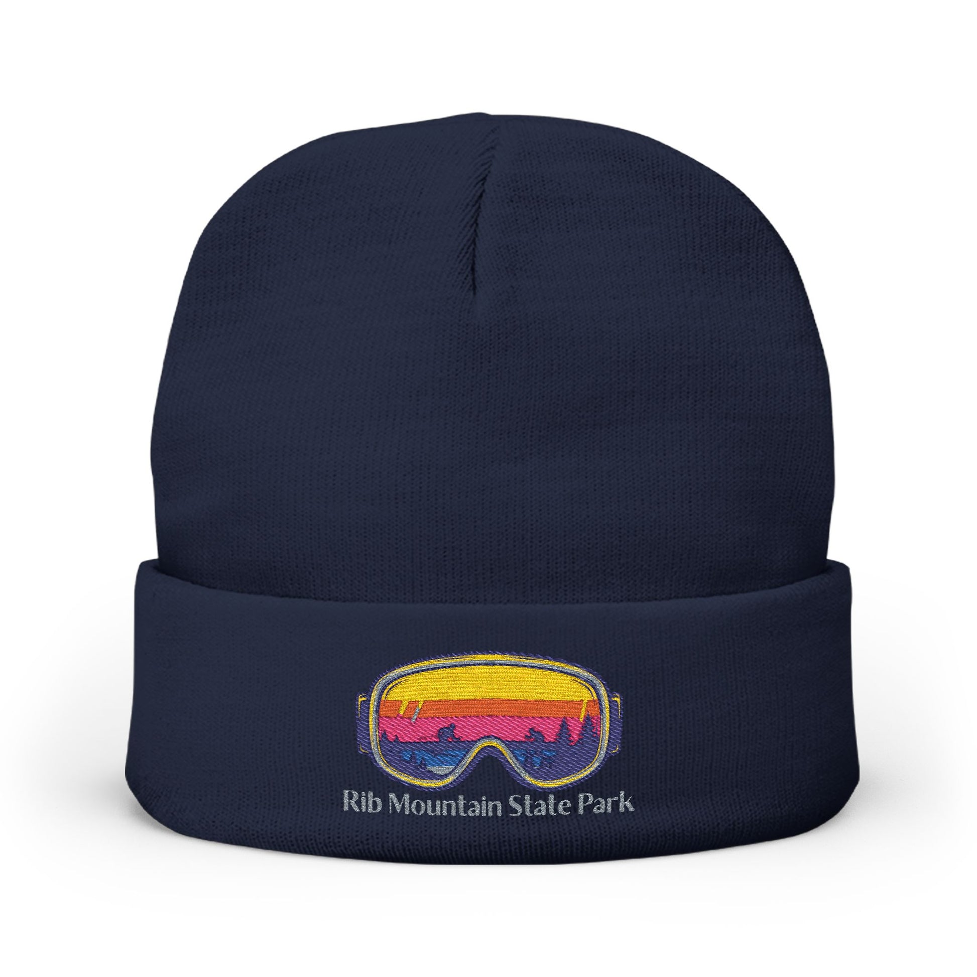 Dark Navy beanie with colorful goggles design and 'Rib Mountain State Park' text on a white background