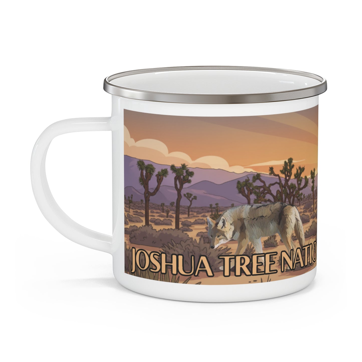 Enamel mug with Joshua Tree National Park design featuring a panoramic desert landscape, Joshua trees, and coyote.