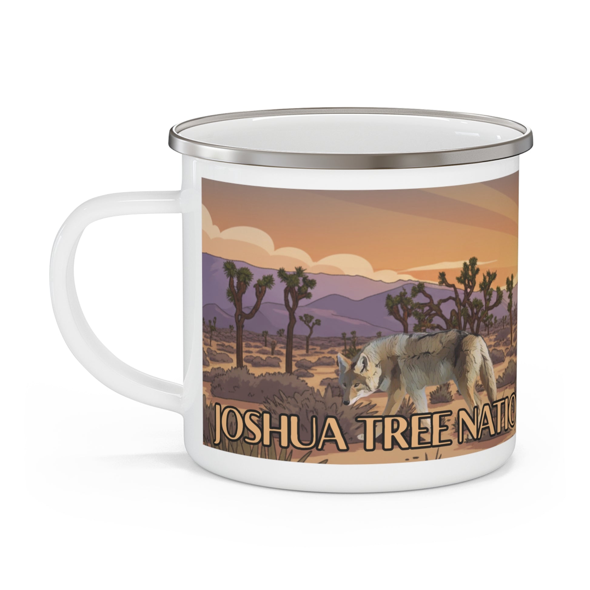 Enamel mug with Joshua Tree National Park design featuring a panoramic desert landscape, Joshua trees, and coyote.