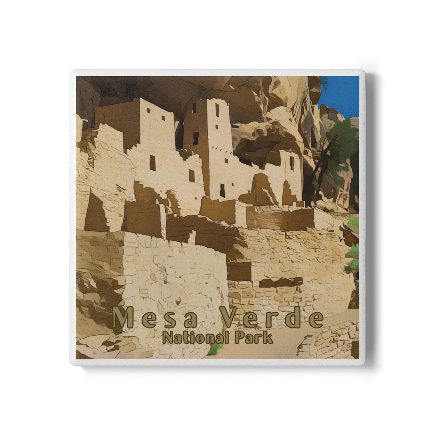 Mesa Verde National Park coaster with stone ruins and text on a white background