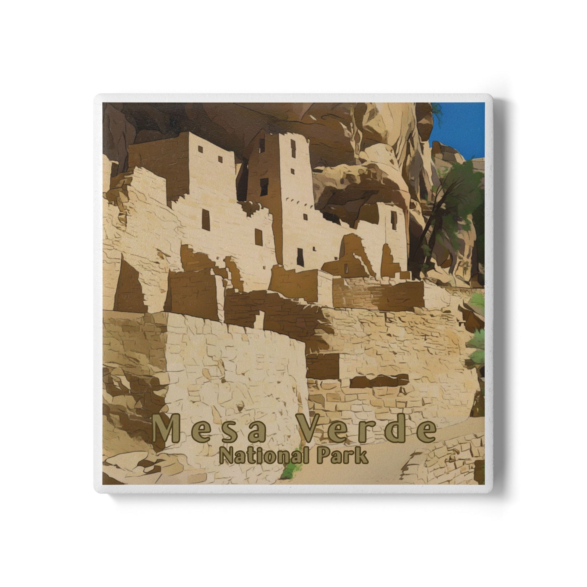 Mesa Verde National Park coaster with stone ruins and text on a white background