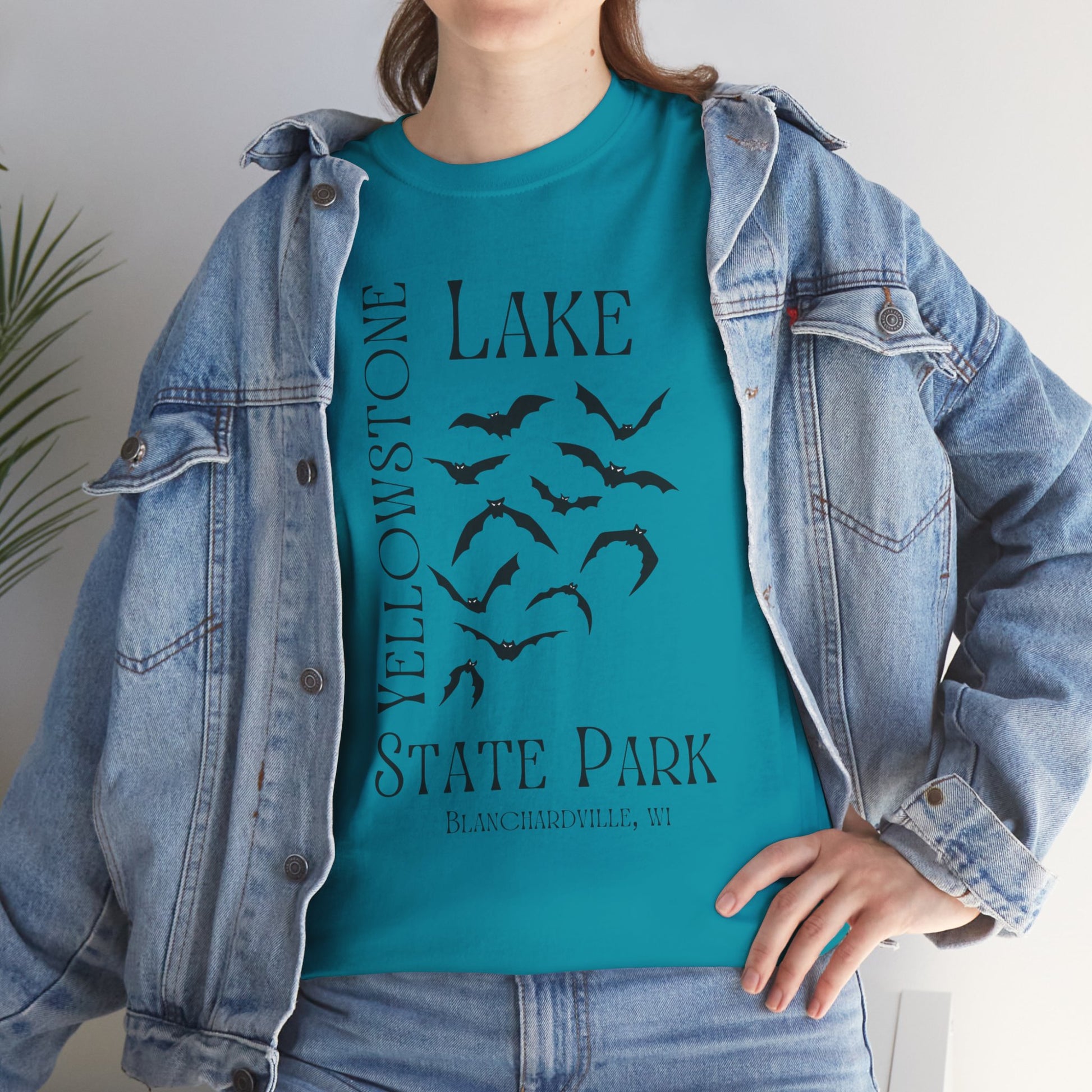 Yellowstone Lake bat design tee shirt front.