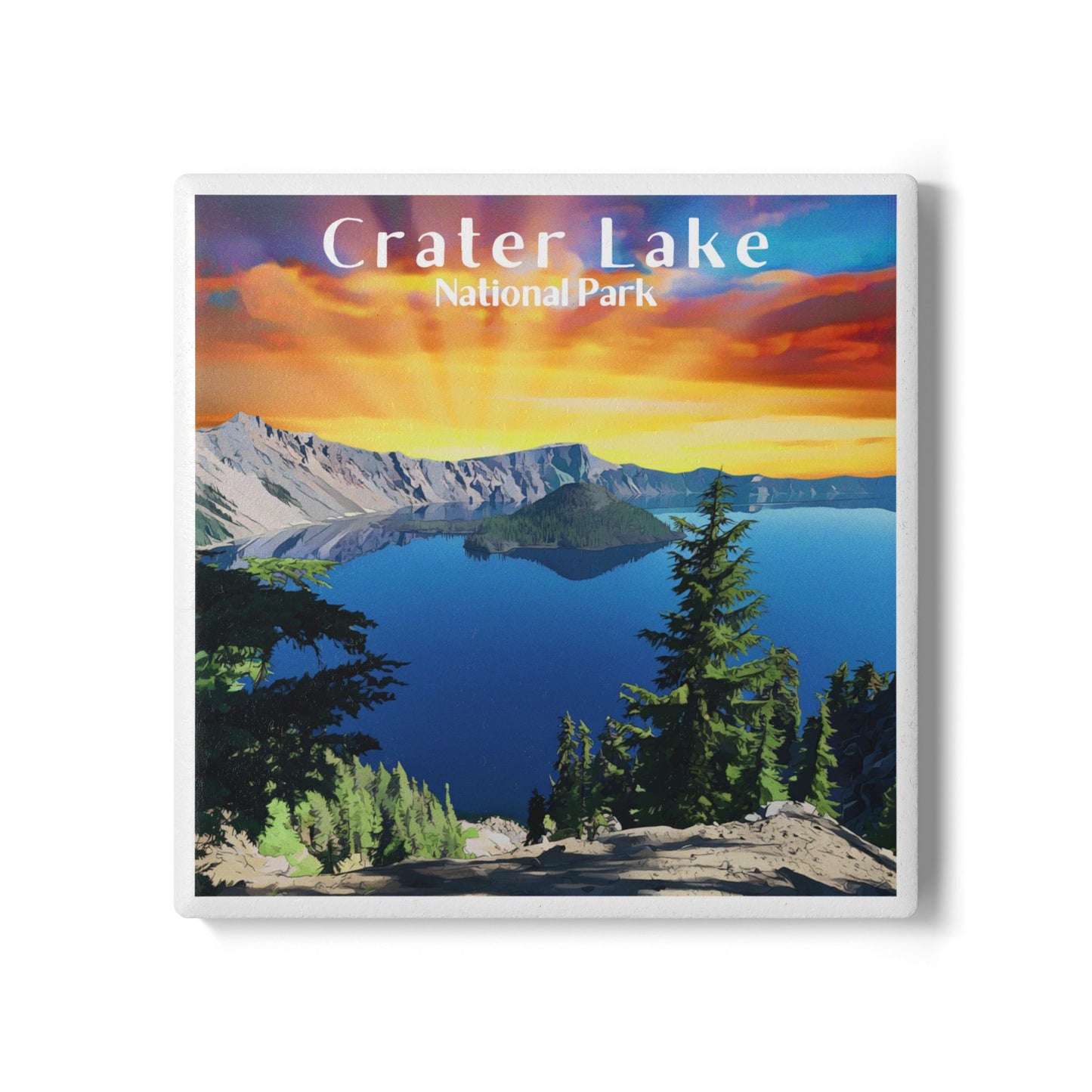 Ceramic coaster featuring a design of a vivid sunset over crater Lake and the text crater Lake national park.
