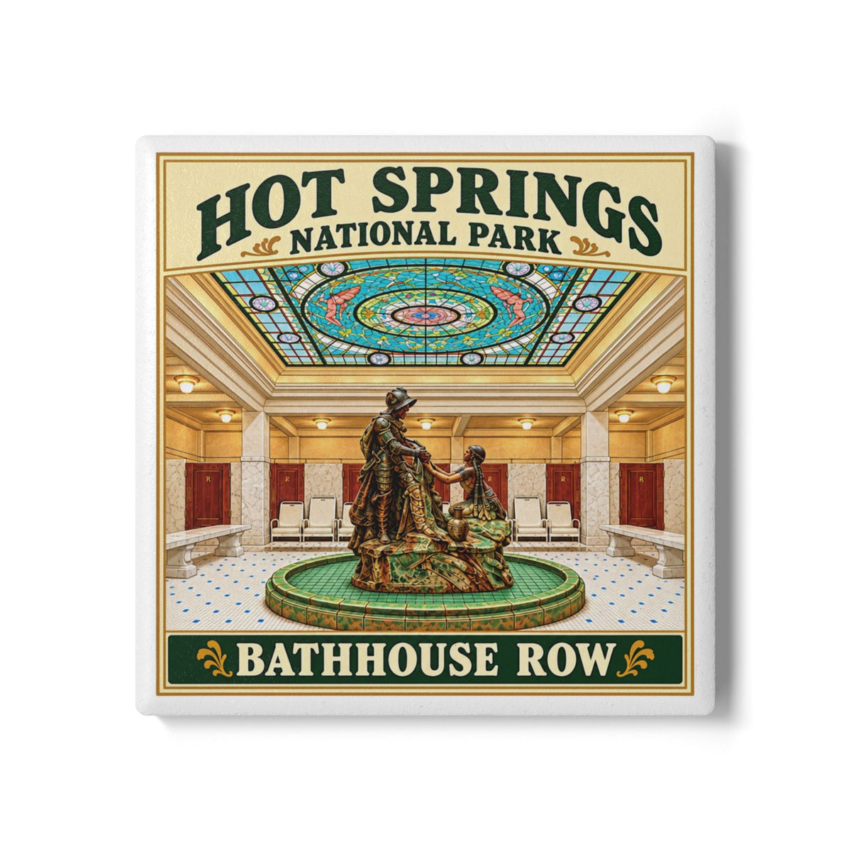 A square ceramic coaster featuring a vintage-style design for Hot Springs National Park, Bathhouse Row. The illustration depicts a grand interior spa room with a central bronze statue, tiled floors, and a colorful stained-glass ceiling.
