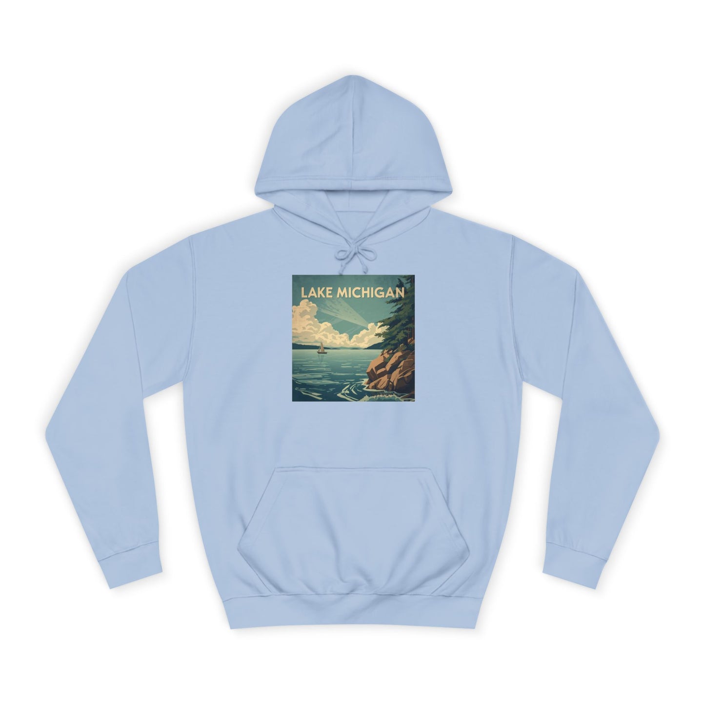 Sky blue hoodie with Lake Michigan graphic on a white background