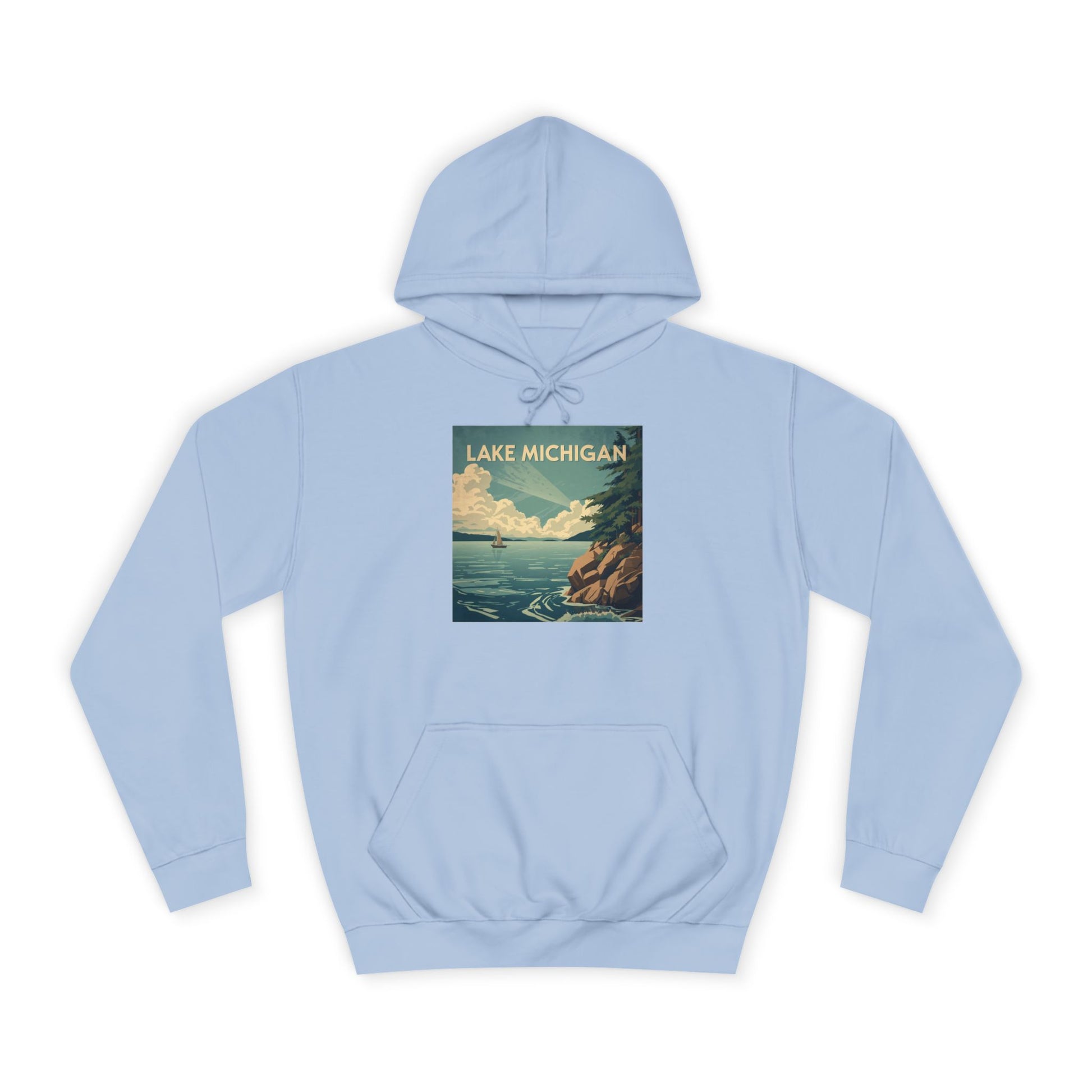 Sky blue hoodie with Lake Michigan graphic on a white background