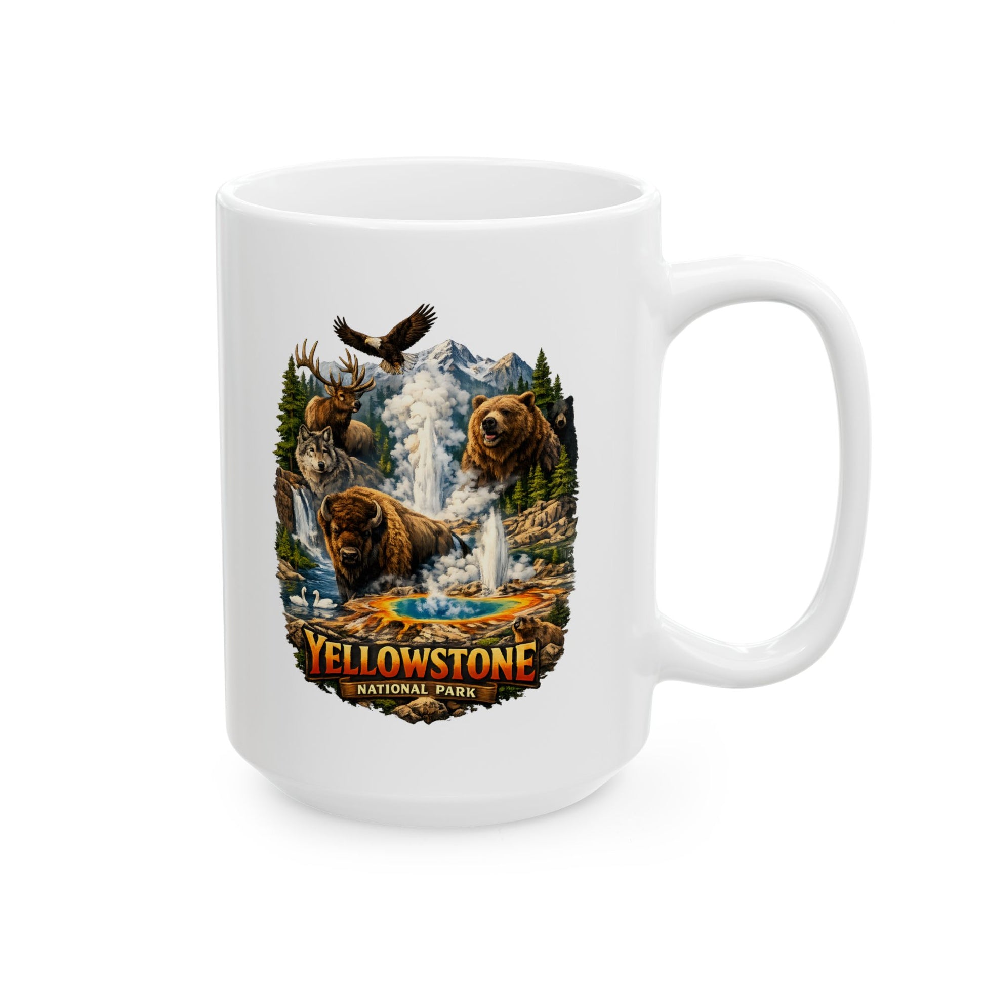 15oz White mug with Yellowstone National Park design featuring bears, wolves, and an eagle.