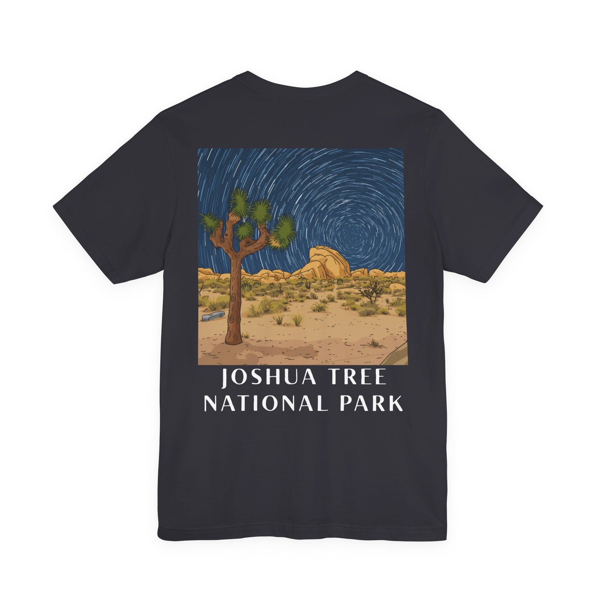 Grey t-shirt with a Joshua Tree National Park graphic on a white background